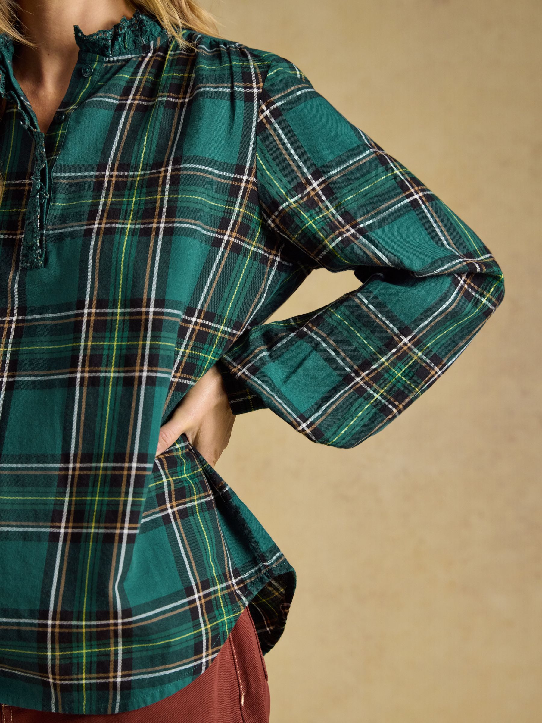 Melanie Green Check Brushed Frill Neck Blouse - Image 8 of 9