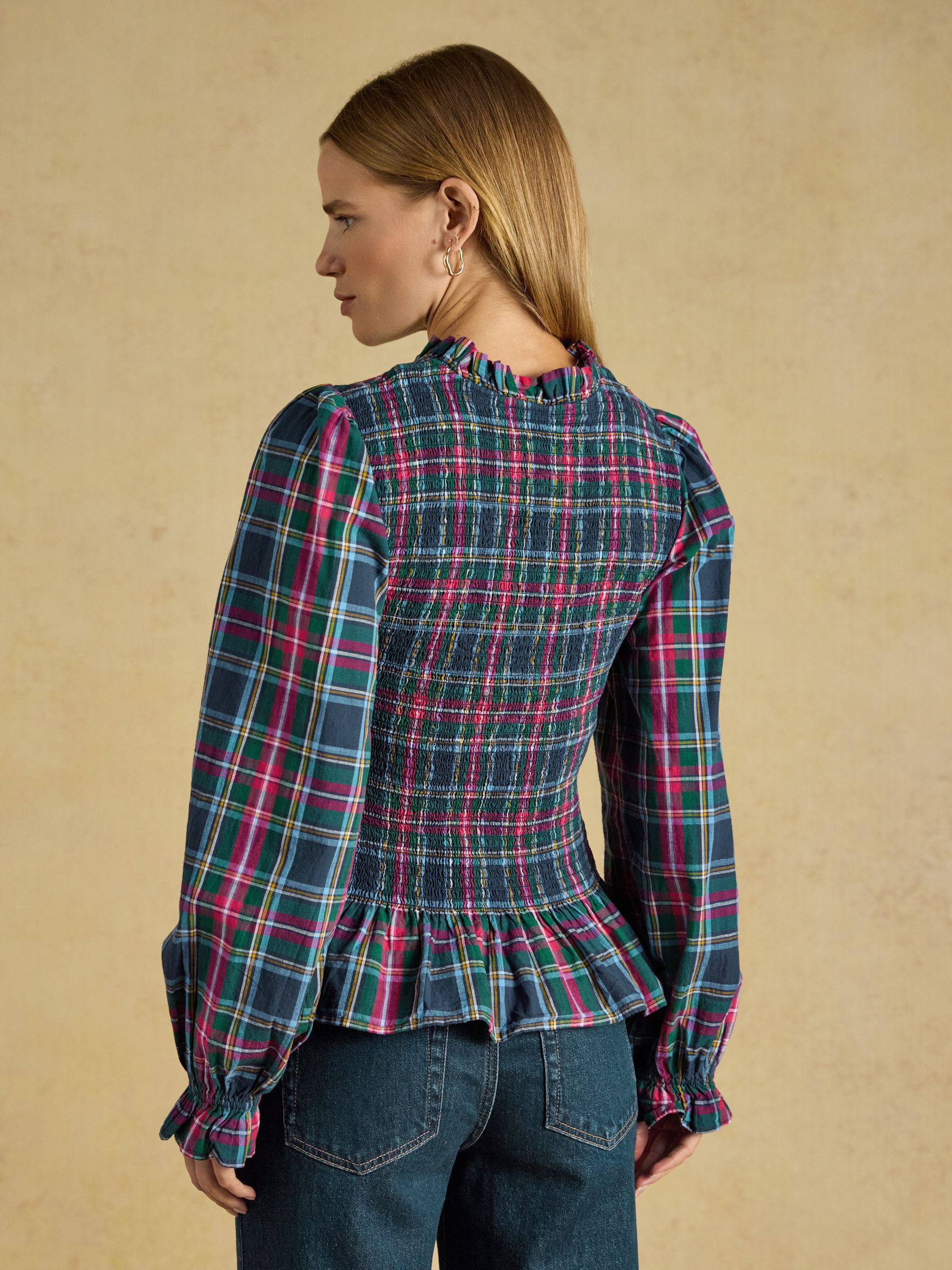 Zoe Navy Check Long Sleeved Smocked Blouse - Image 2 of 8