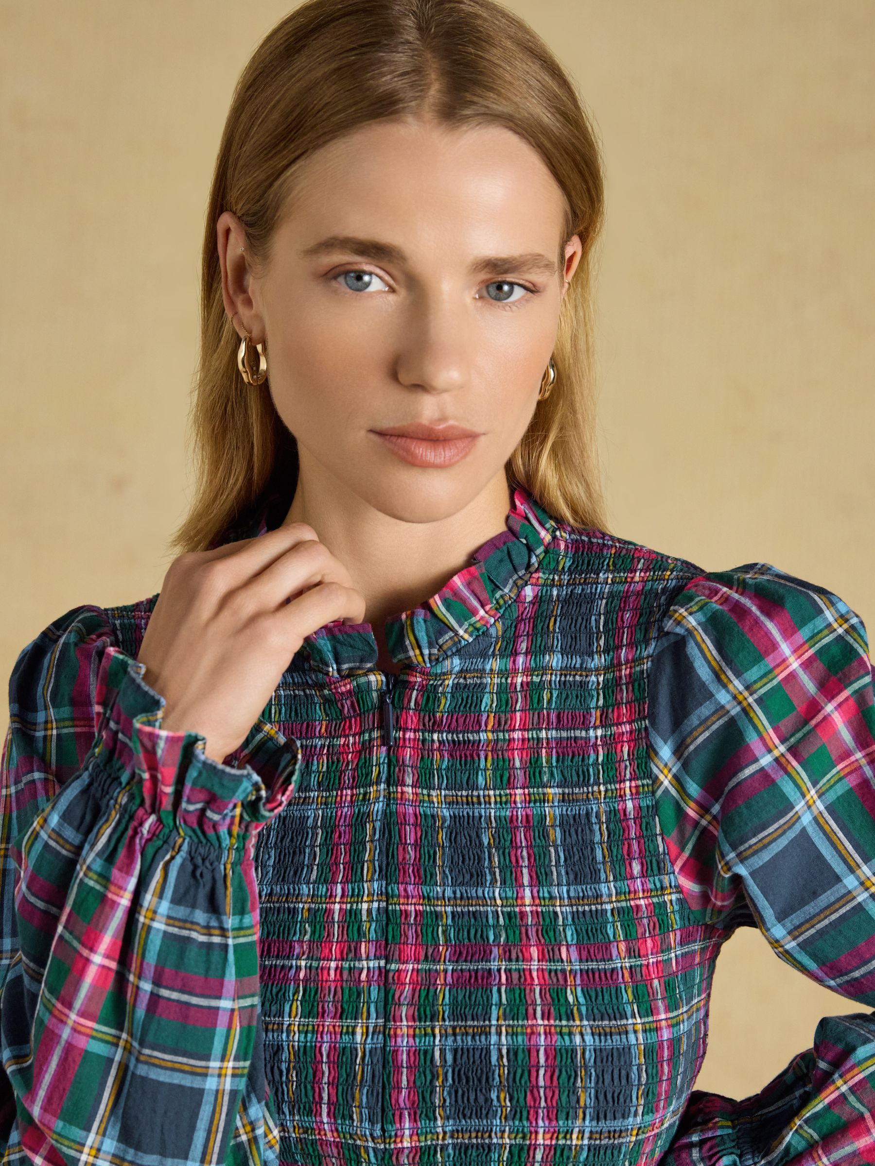 Zoe Navy Check Long Sleeved Smocked Blouse - Image 3 of 8