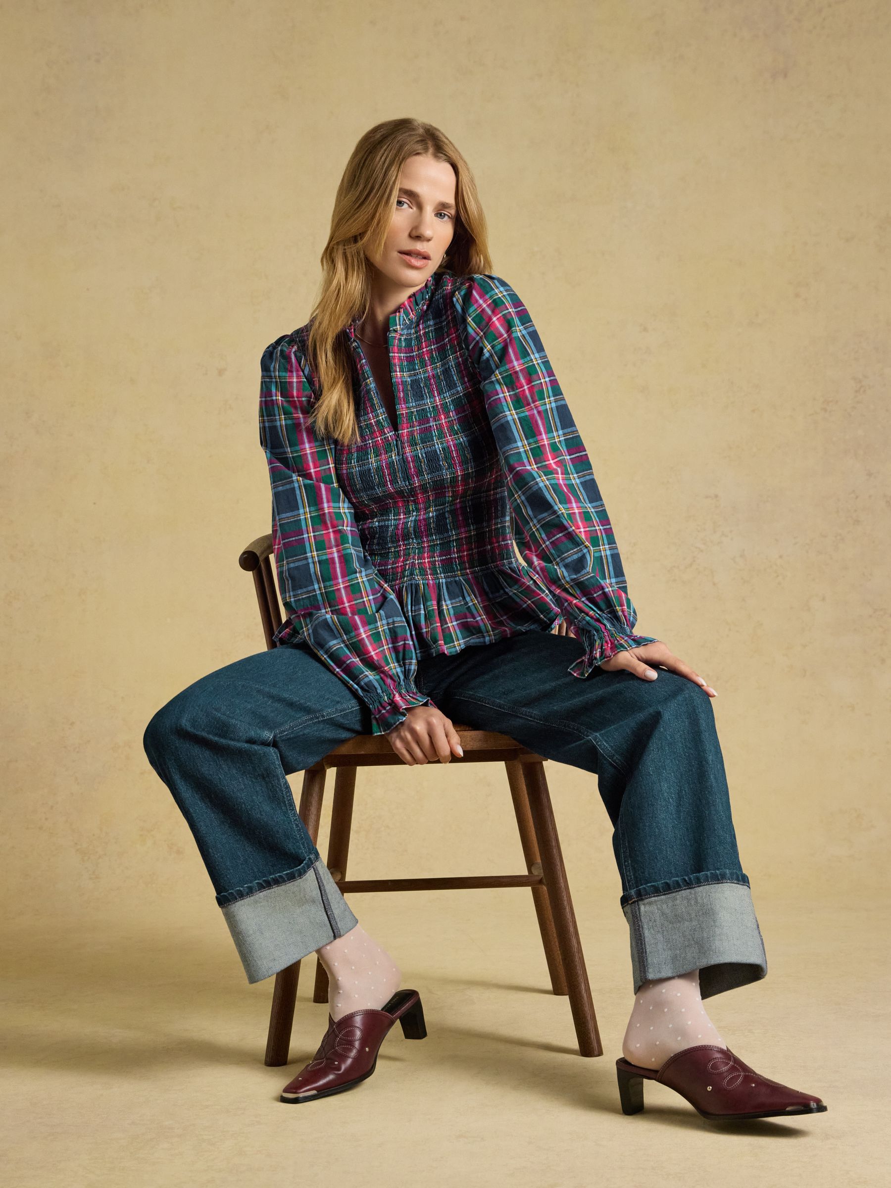 Zoe Navy Check Long Sleeved Smocked Blouse - Image 4 of 8