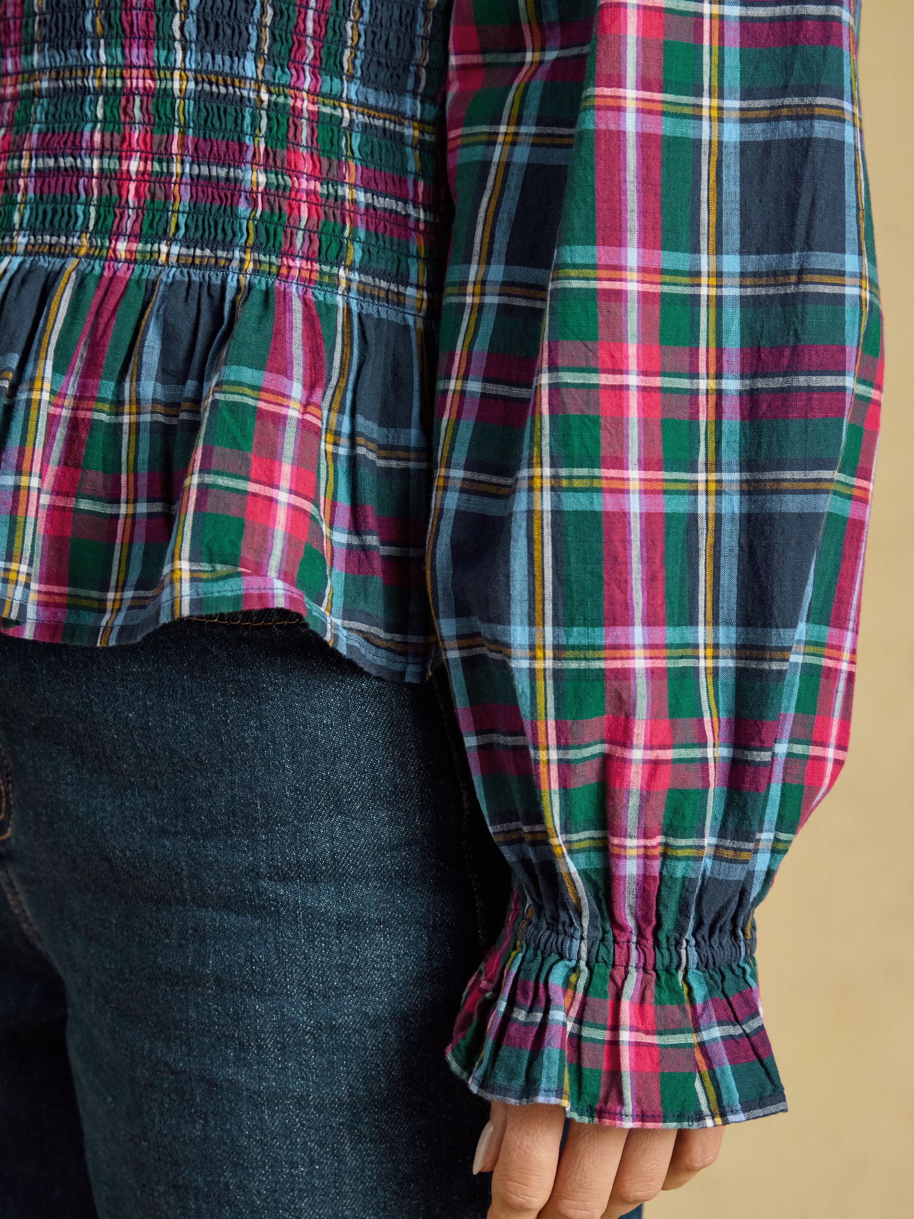 Zoe Navy Check Long Sleeved Smocked Blouse - Image 5 of 8