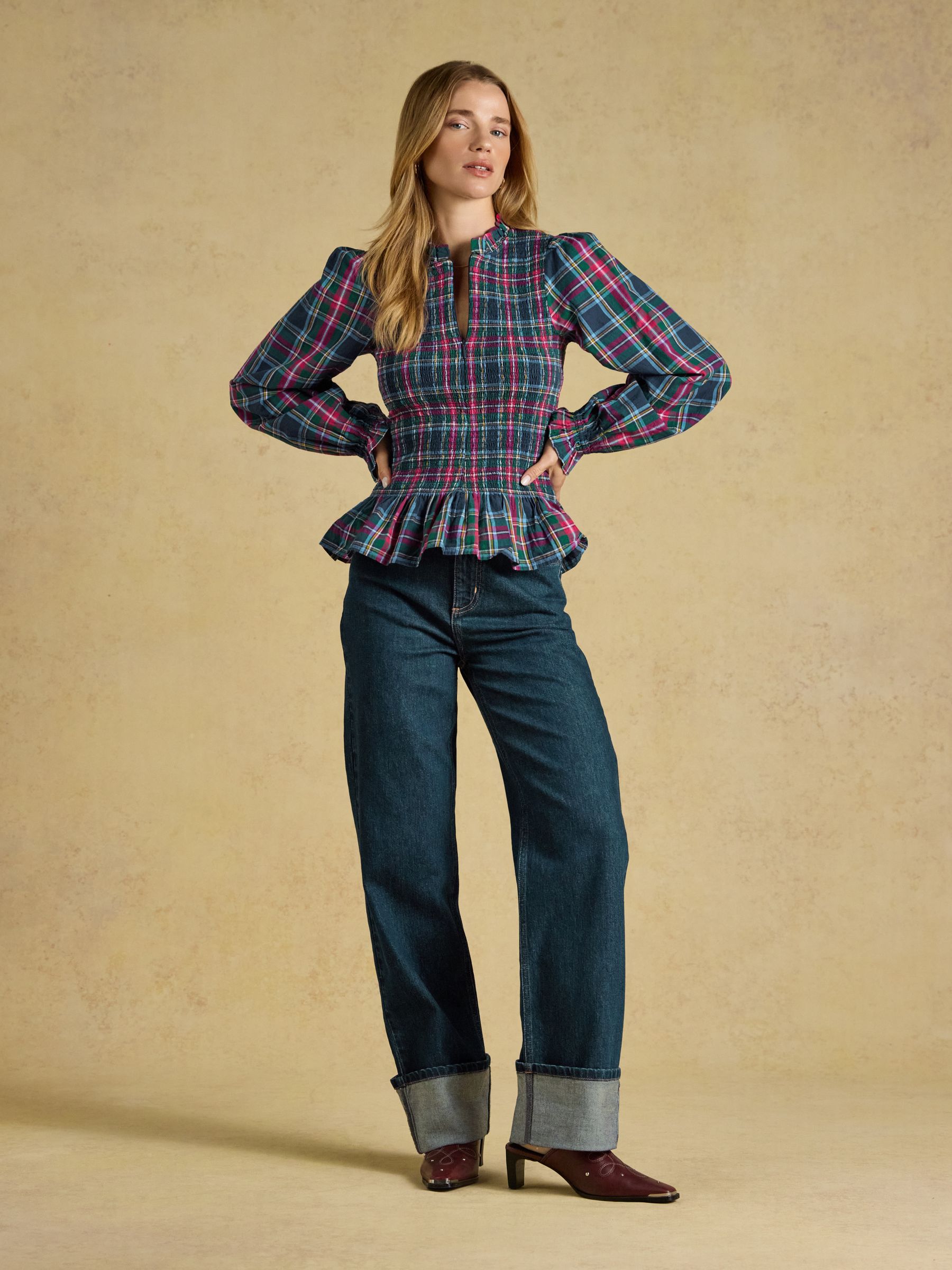 Zoe Navy Check Long Sleeved Smocked Blouse - Image 6 of 8