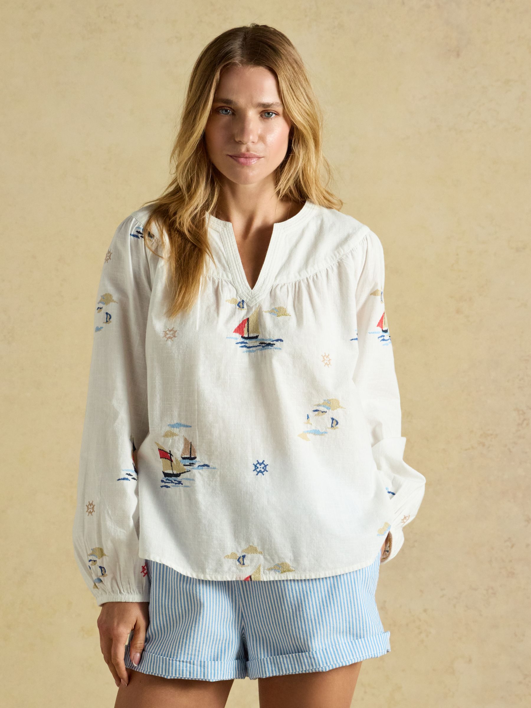 Tilda Cream Embroidered V Neck Popover Long Sleeve Blouse - Image 3 of 9