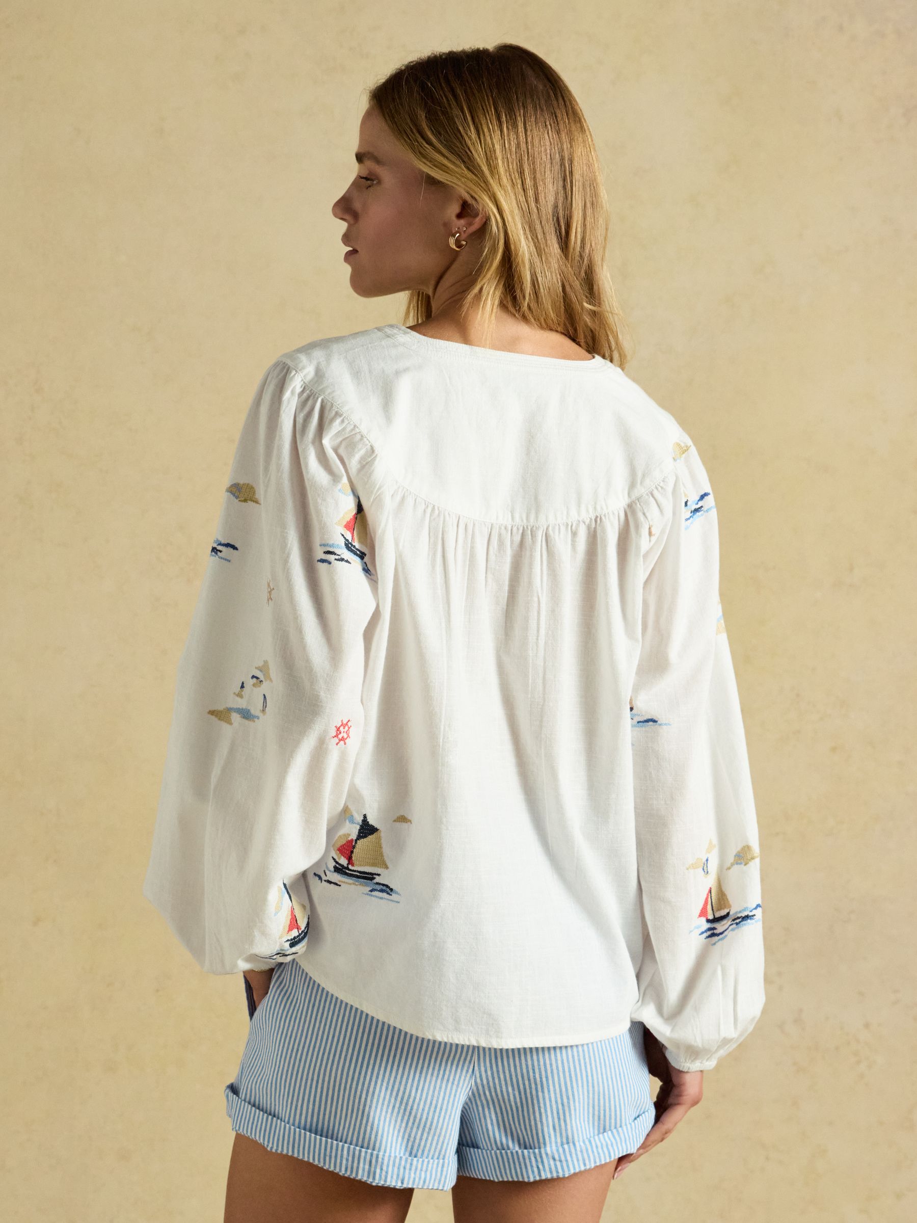 Tilda Cream Embroidered V Neck Popover Long Sleeve Blouse - Image 4 of 9