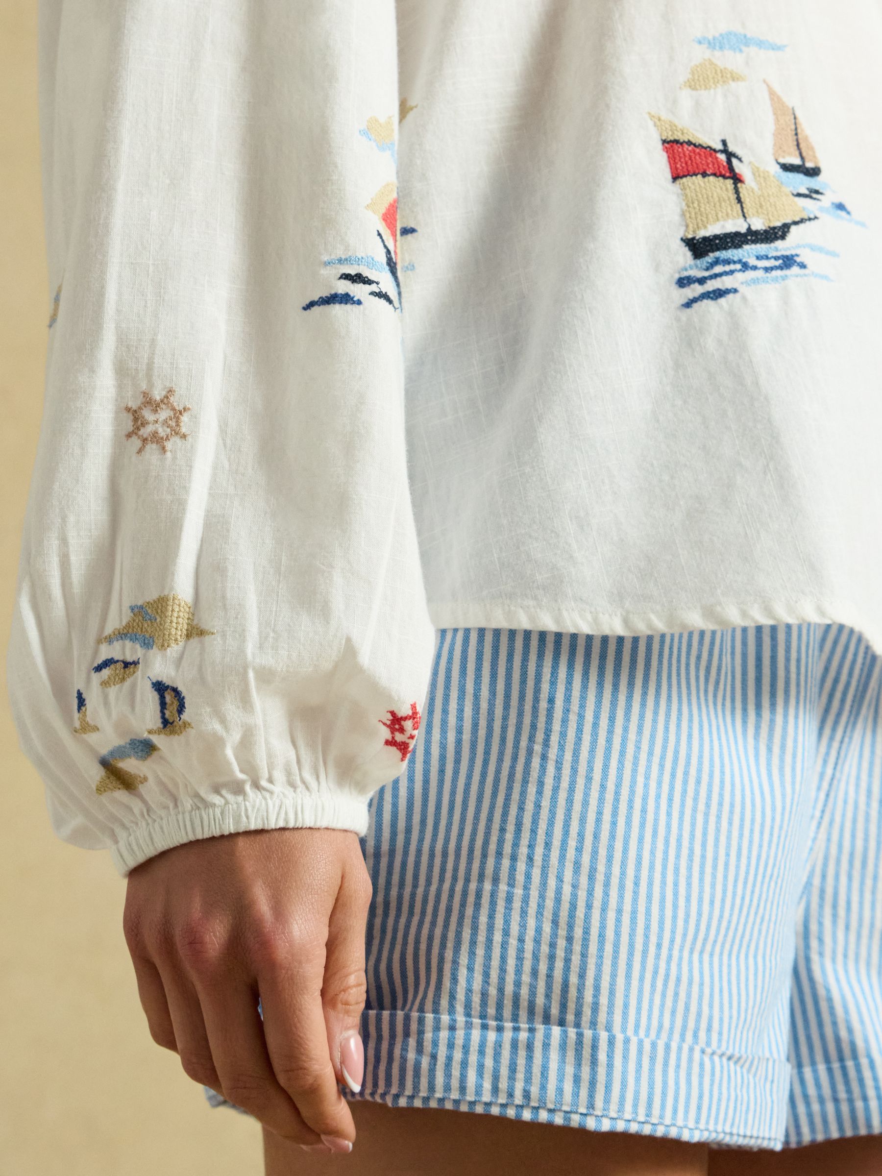 Tilda Cream Embroidered V Neck Popover Long Sleeve Blouse - Image 6 of 9