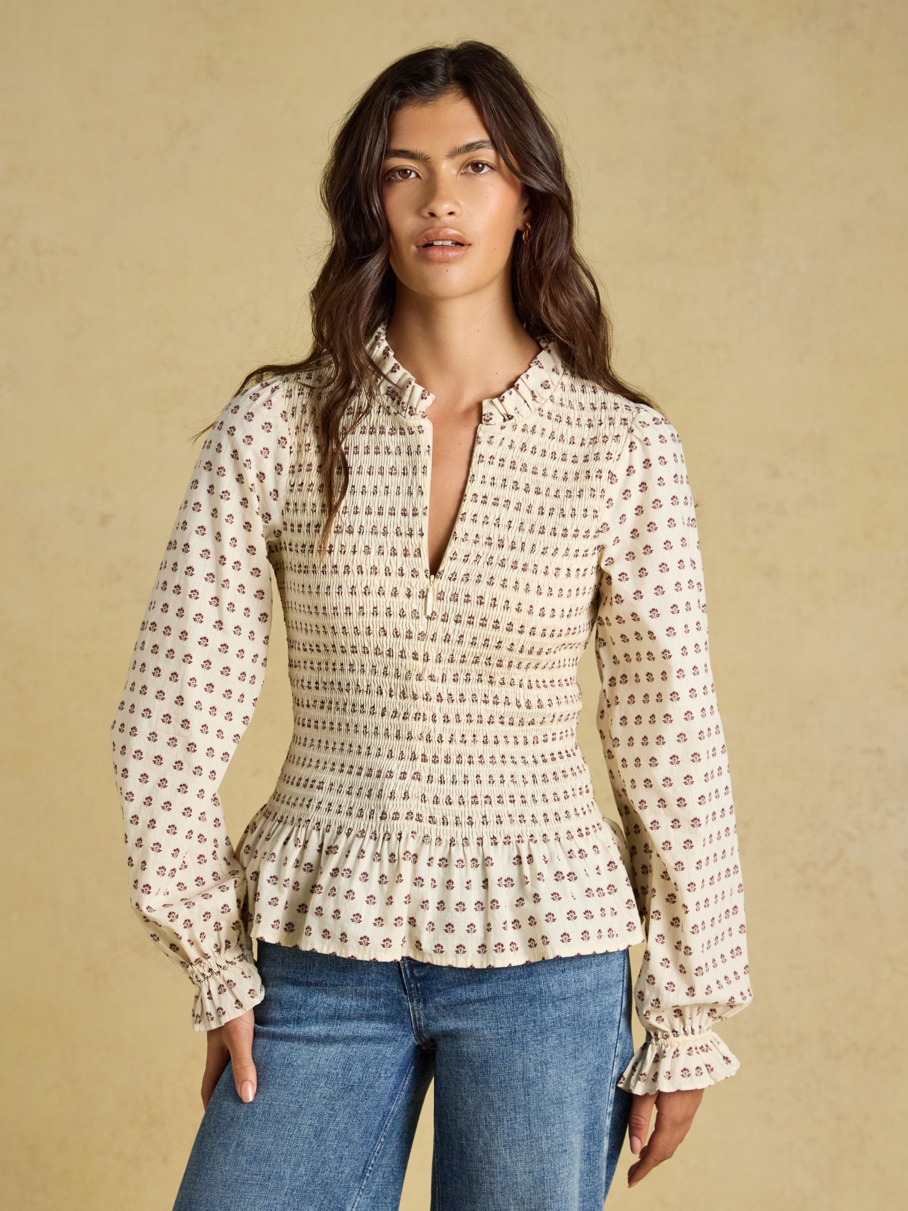 Zoe Cream Ditsy Long Sleeved Smocked Blouse - Image 1 of 11 Zoe Cream Ditsy Long Sleeved Smocked Blouse - Image 1 of 11