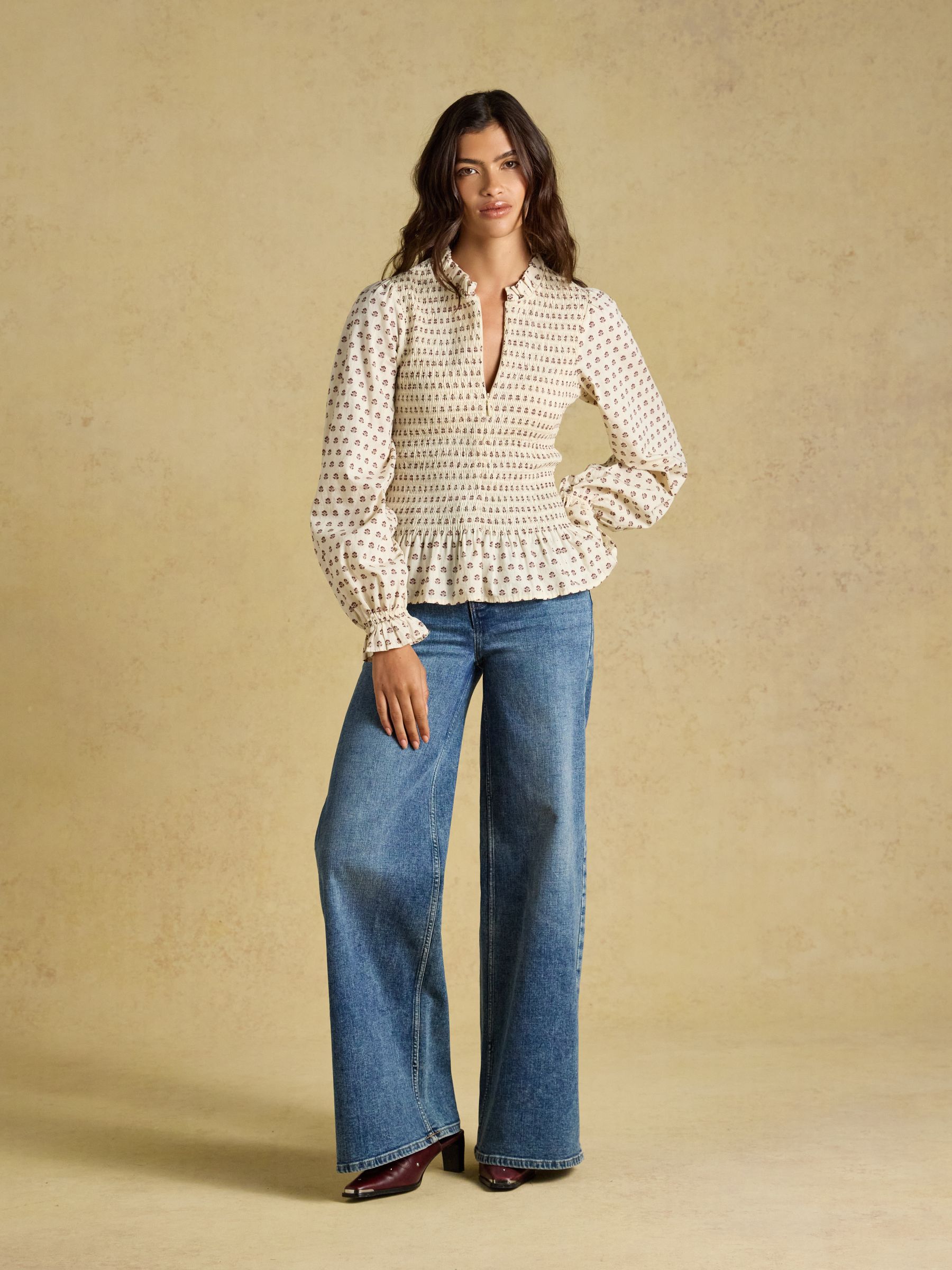 Zoe Cream Ditsy Long Sleeved Smocked Blouse - Image 10 of 11