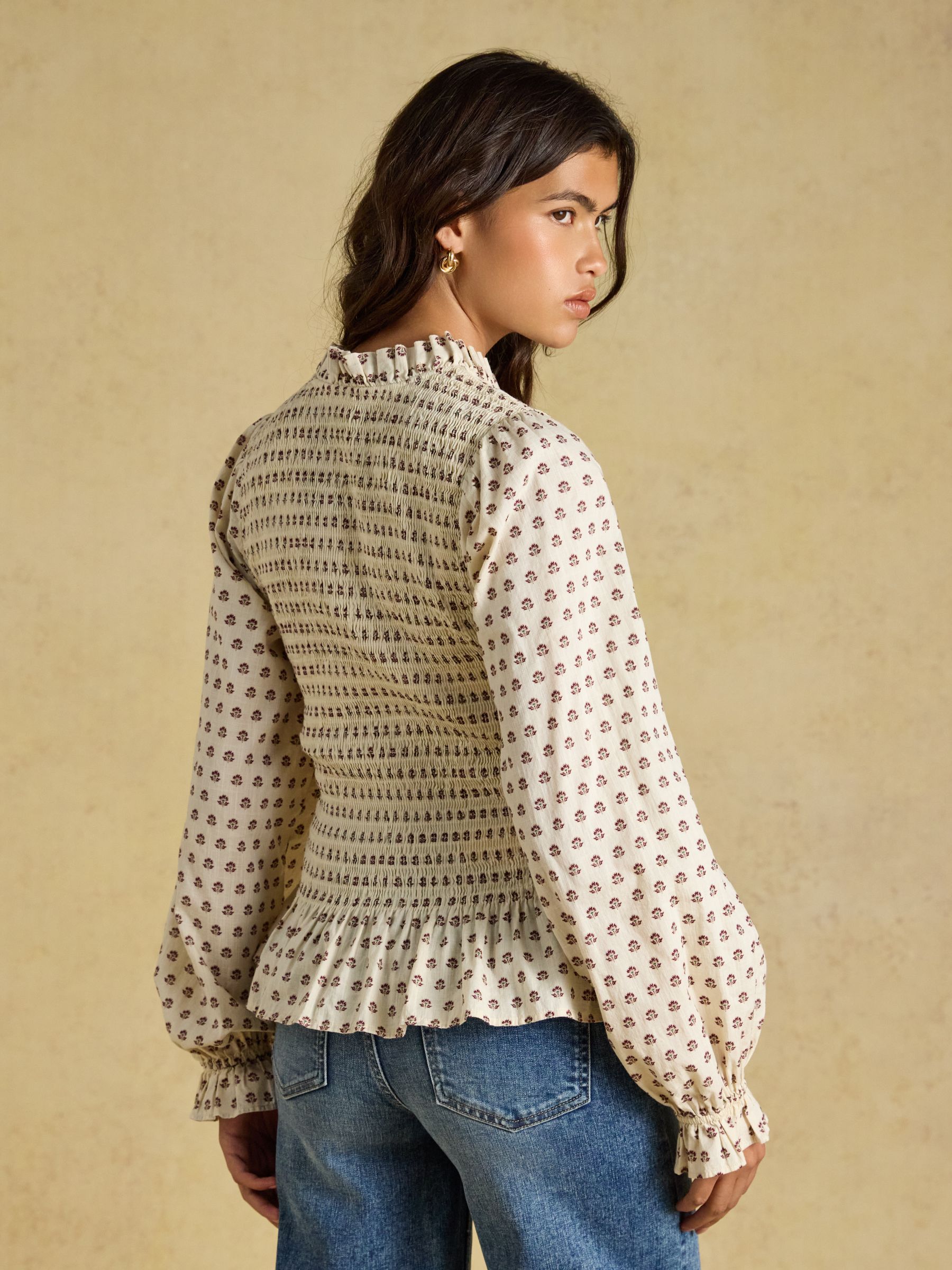 Zoe Cream Ditsy Long Sleeved Smocked Blouse - Image 2 of 11