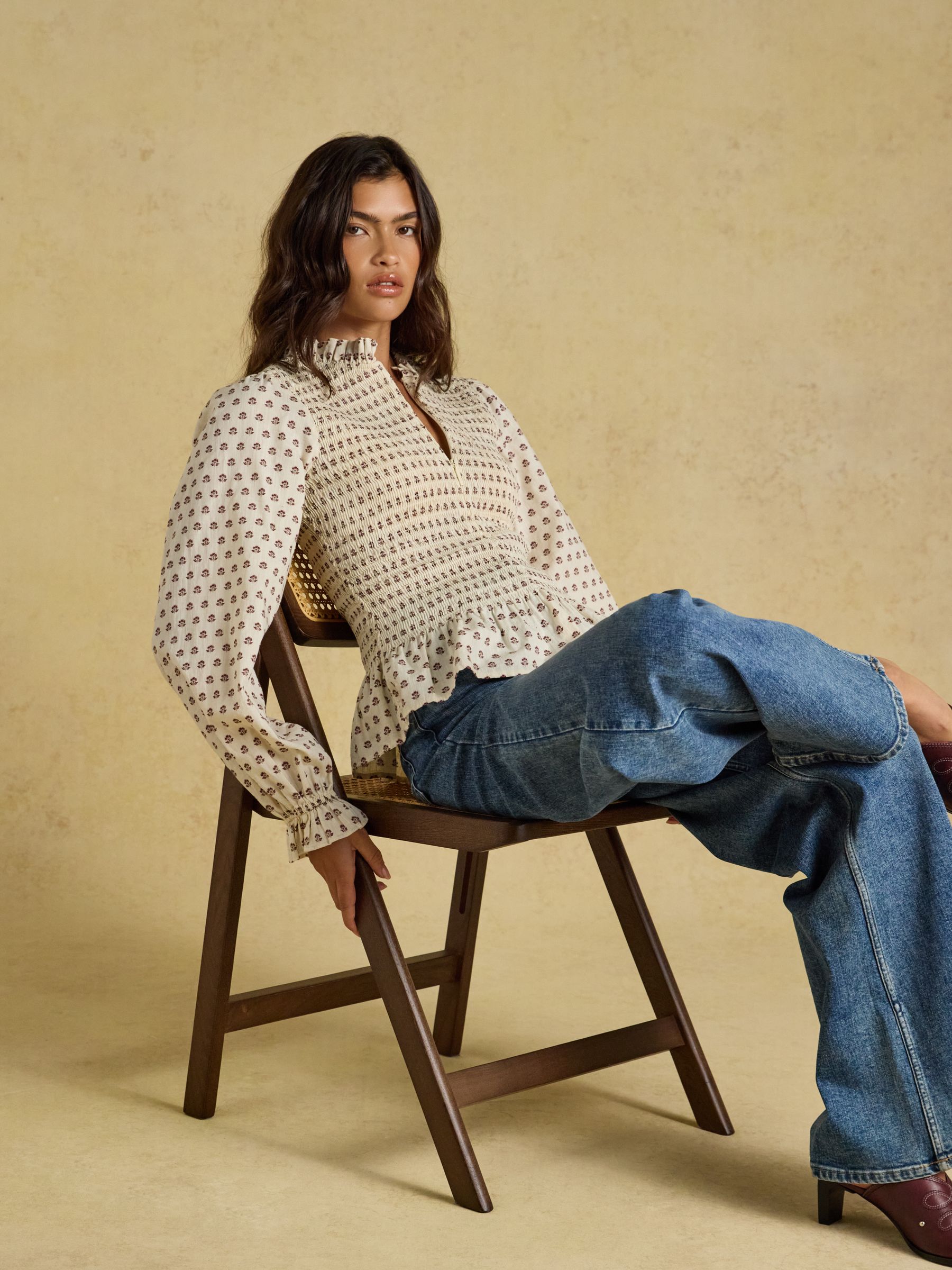 Zoe Cream Ditsy Long Sleeved Smocked Blouse - Image 3 of 11