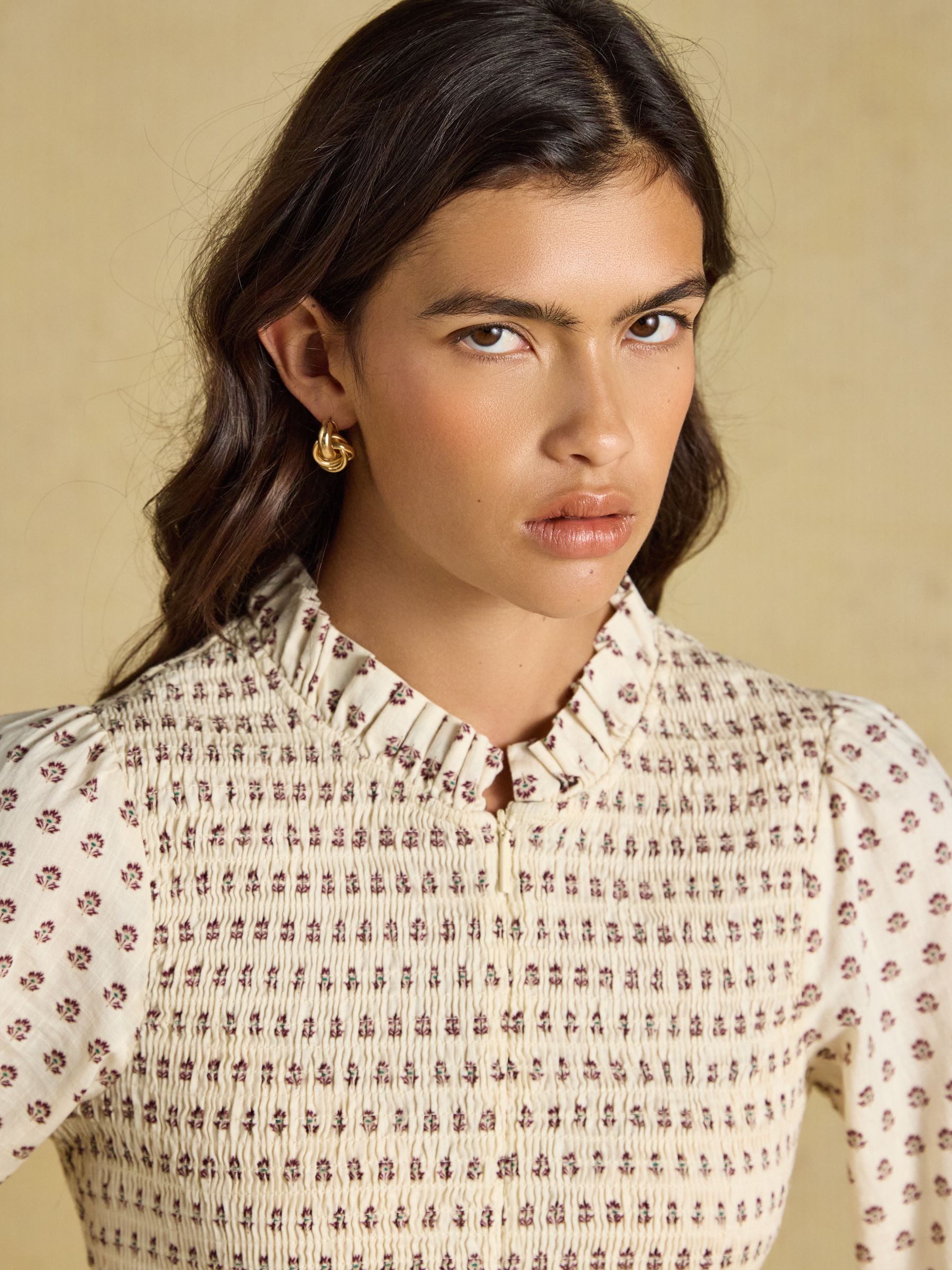 Zoe Cream Ditsy Long Sleeved Smocked Blouse - Image 5 of 11