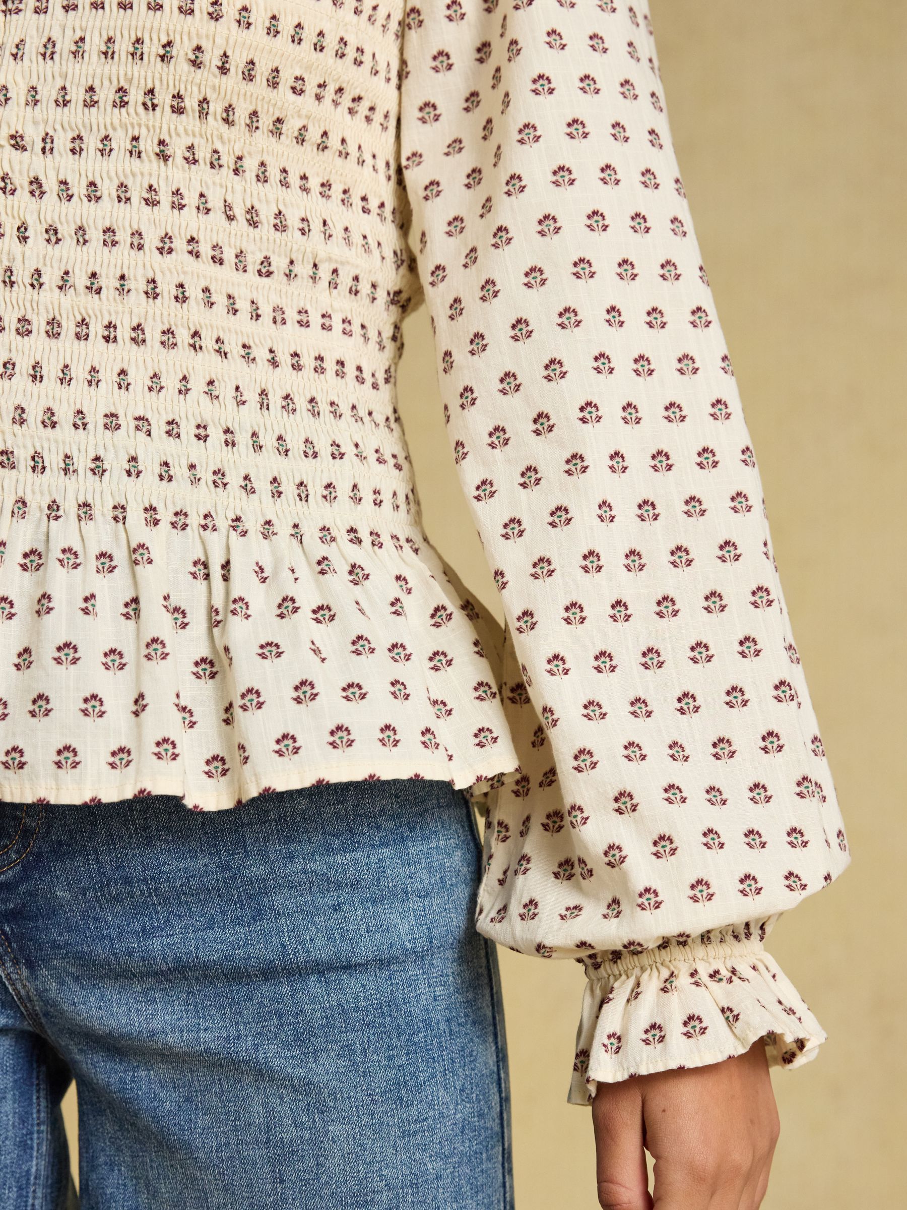 Zoe Cream Ditsy Long Sleeved Smocked Blouse - Image 7 of 11
