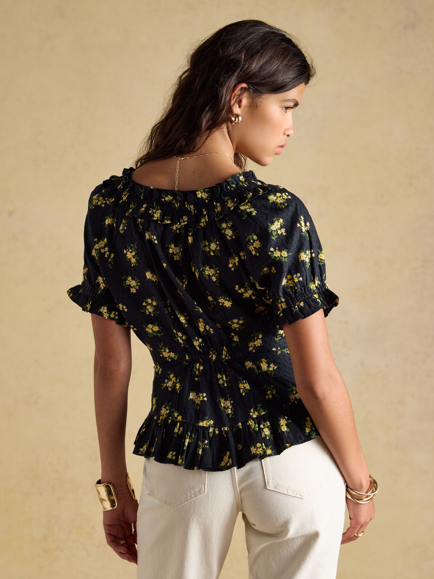 Lillie Black Floral Frill Neck Blouse - Image 2 of 7