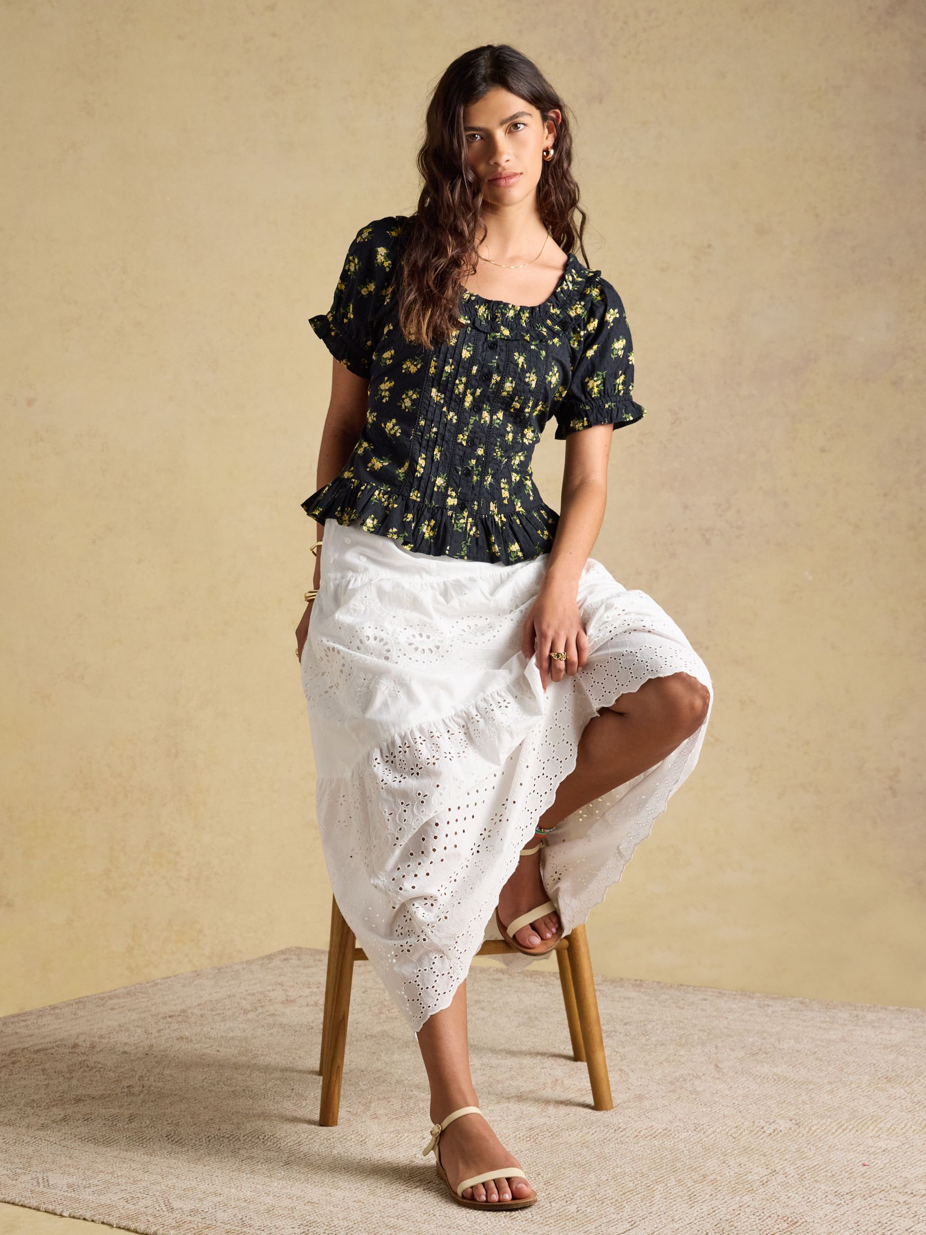 Lillie Black Floral Frill Neck Blouse - Image 3 of 7