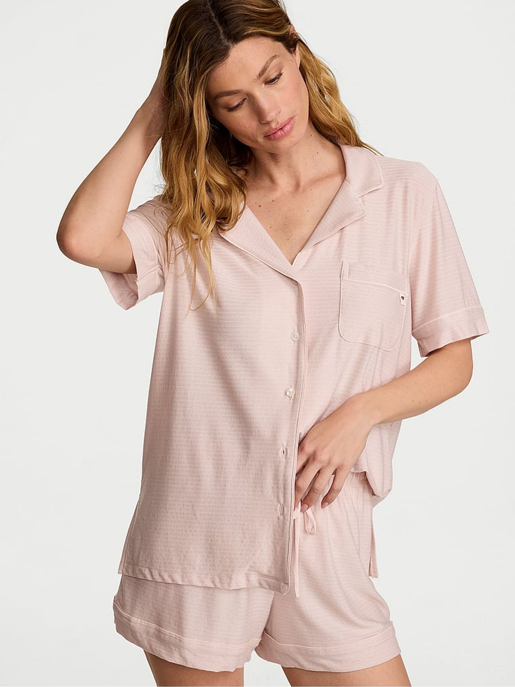 Sheer Blush Pink Metallic Stripe Modal Short Pyjamas Set - Image 2 of 3