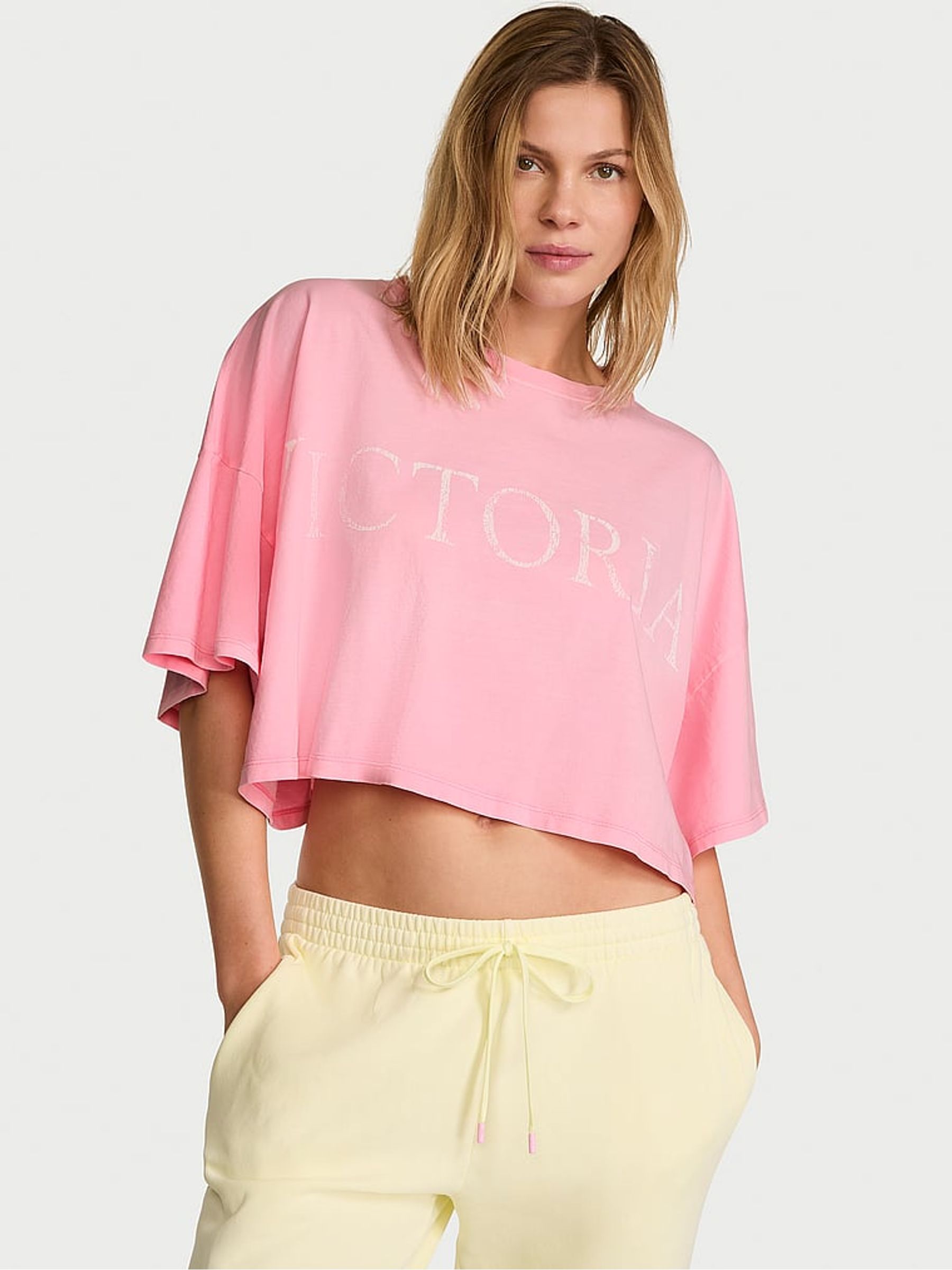 Victoria Pink Logo Cotton Oversized Cropped Top - Image 1 of 2