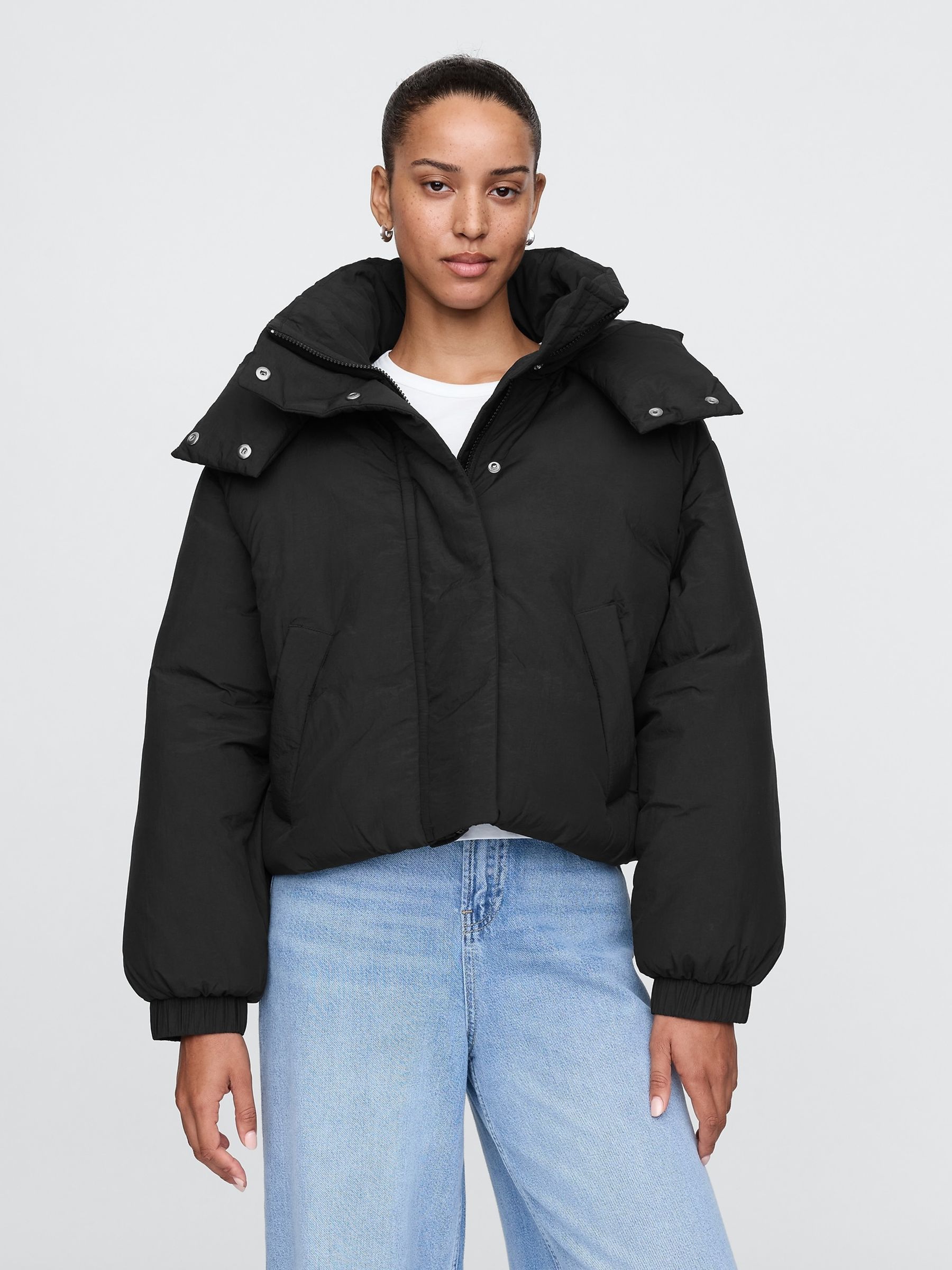 Black Cropped Duvet Wrap Puffer Coat Gap