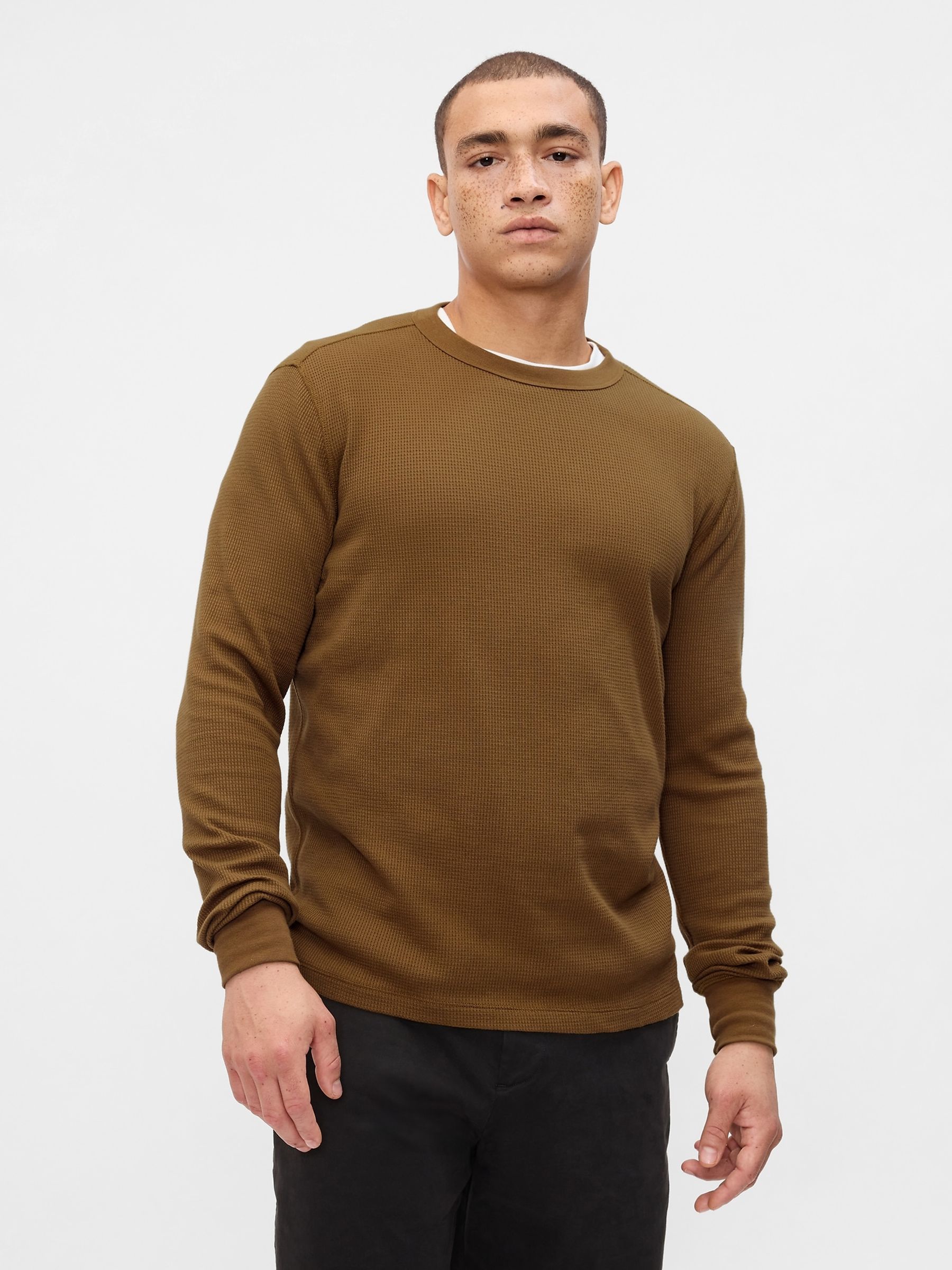 Brown Textured Waffle Knit Long Sleeve Crew Neck T-Shirt | Gap