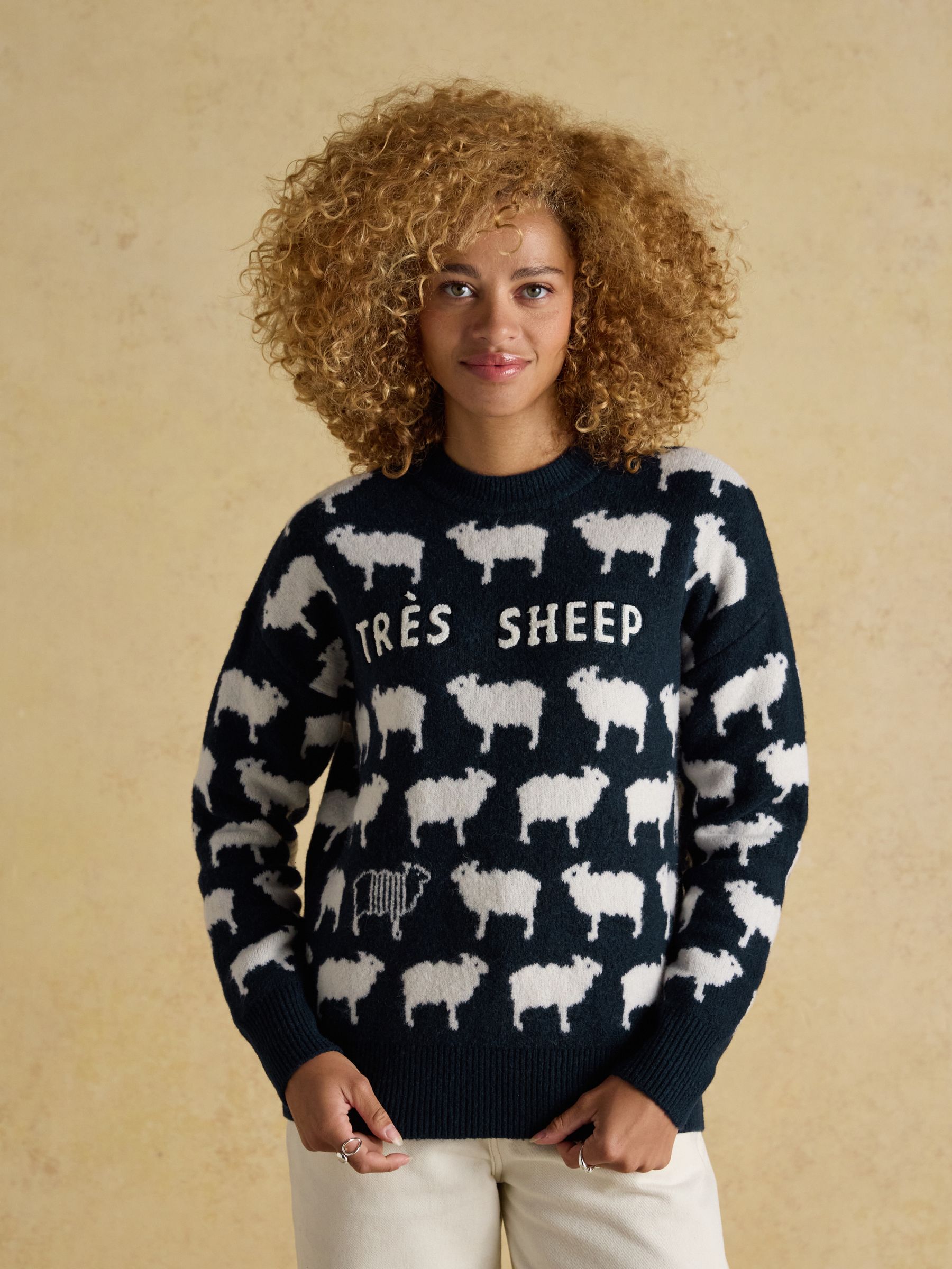 Intarsia Knitted Navy Tres Sheep Jumper with Crew Neck Joules