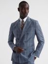 Reiss Indigo Aintree Slim Fit Wool Linen Check Double Breasted Blazer
