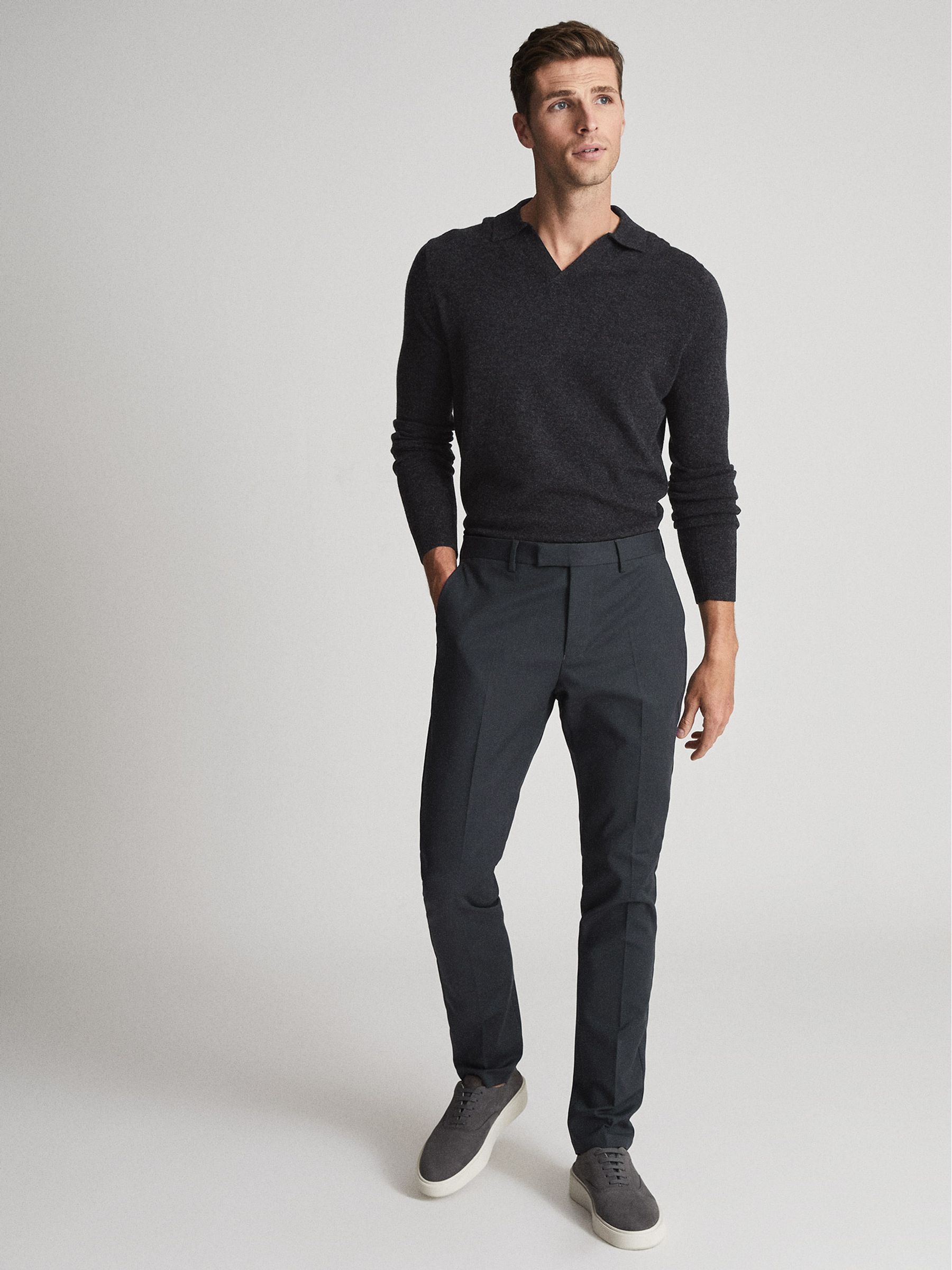 Cashmere Blend Open Collar Polo Shirt in Charcoal Melange - REISS