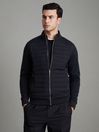 Reiss Navy Flintoff Hybrid Quilt and Knit Zip-Through Jacket