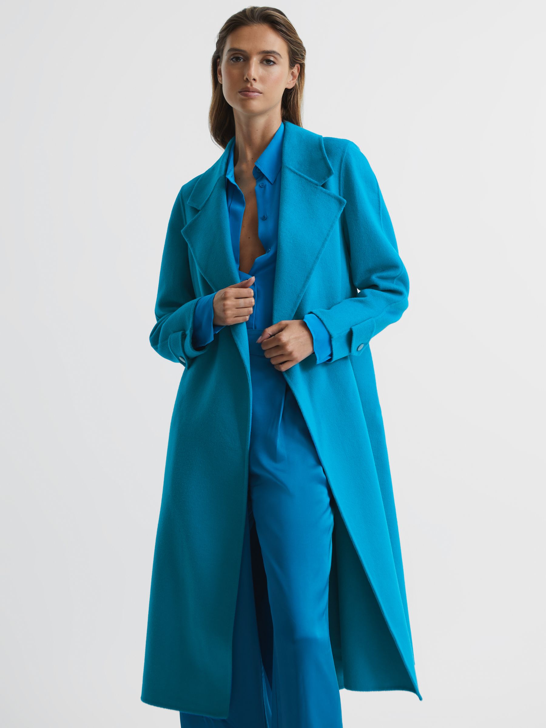 Belted Blindseam Wool Longline Coat in Blue - REISS