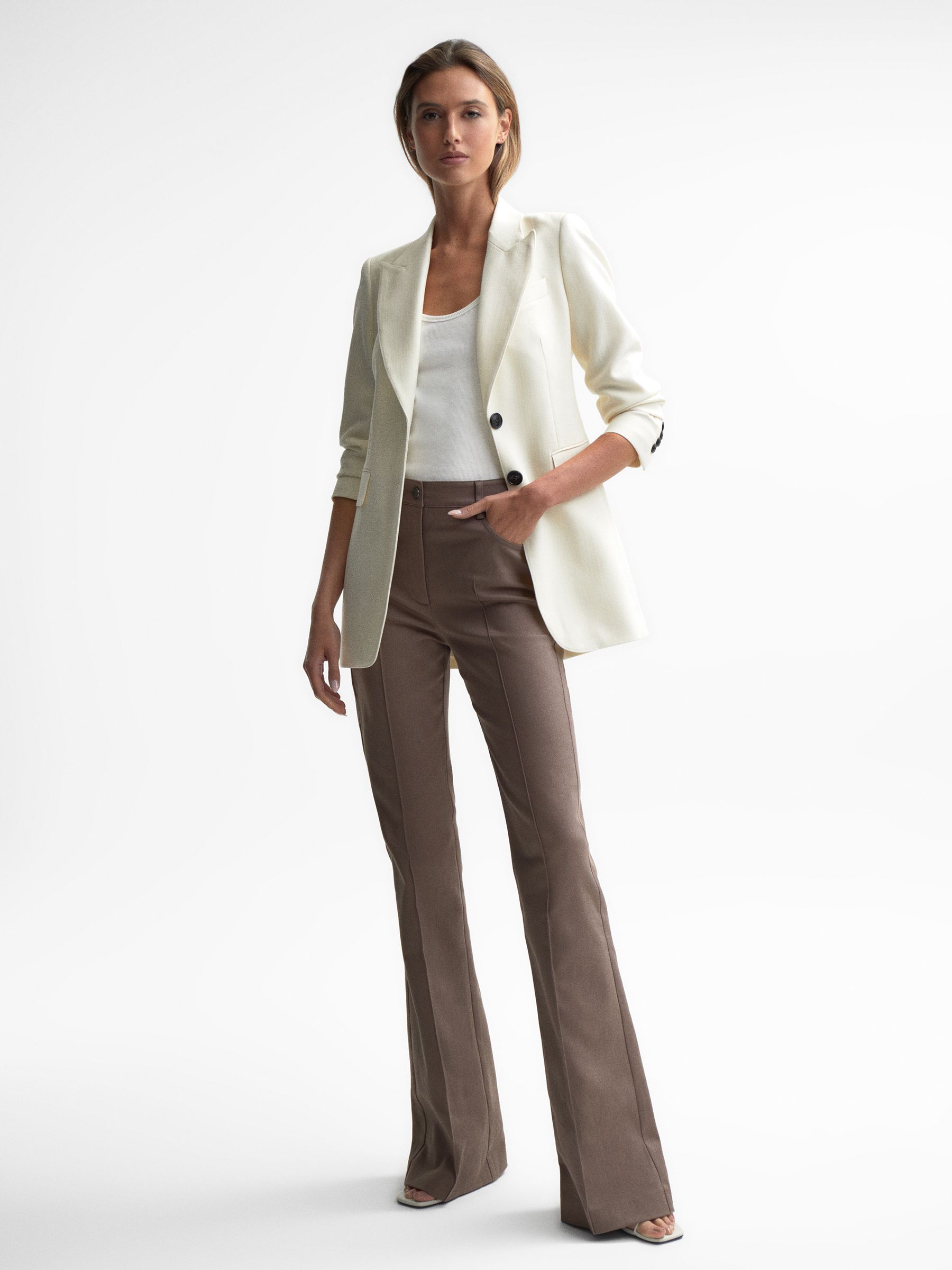 High Rise Flared Trousers in Mink - REISS