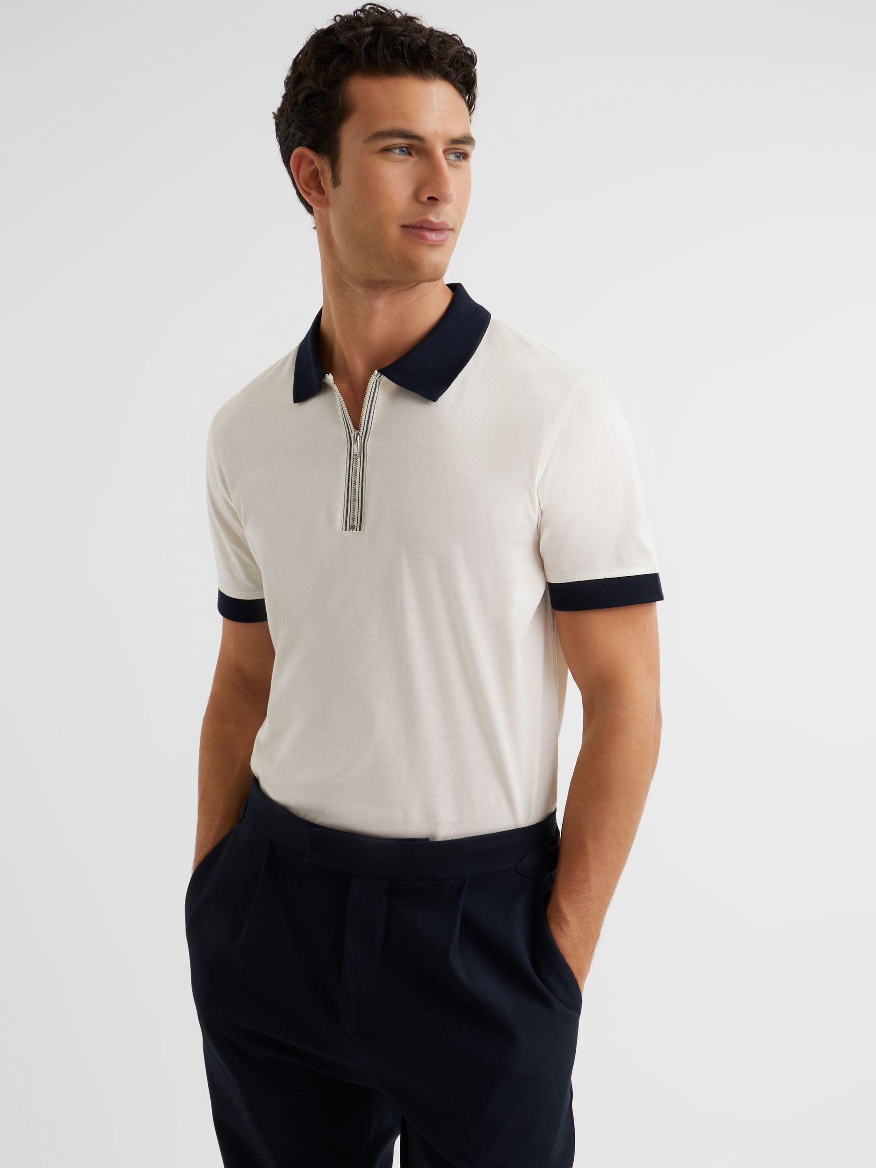 Mercerised Zip Neck Polo T-Shirt in White/Navy - REISS