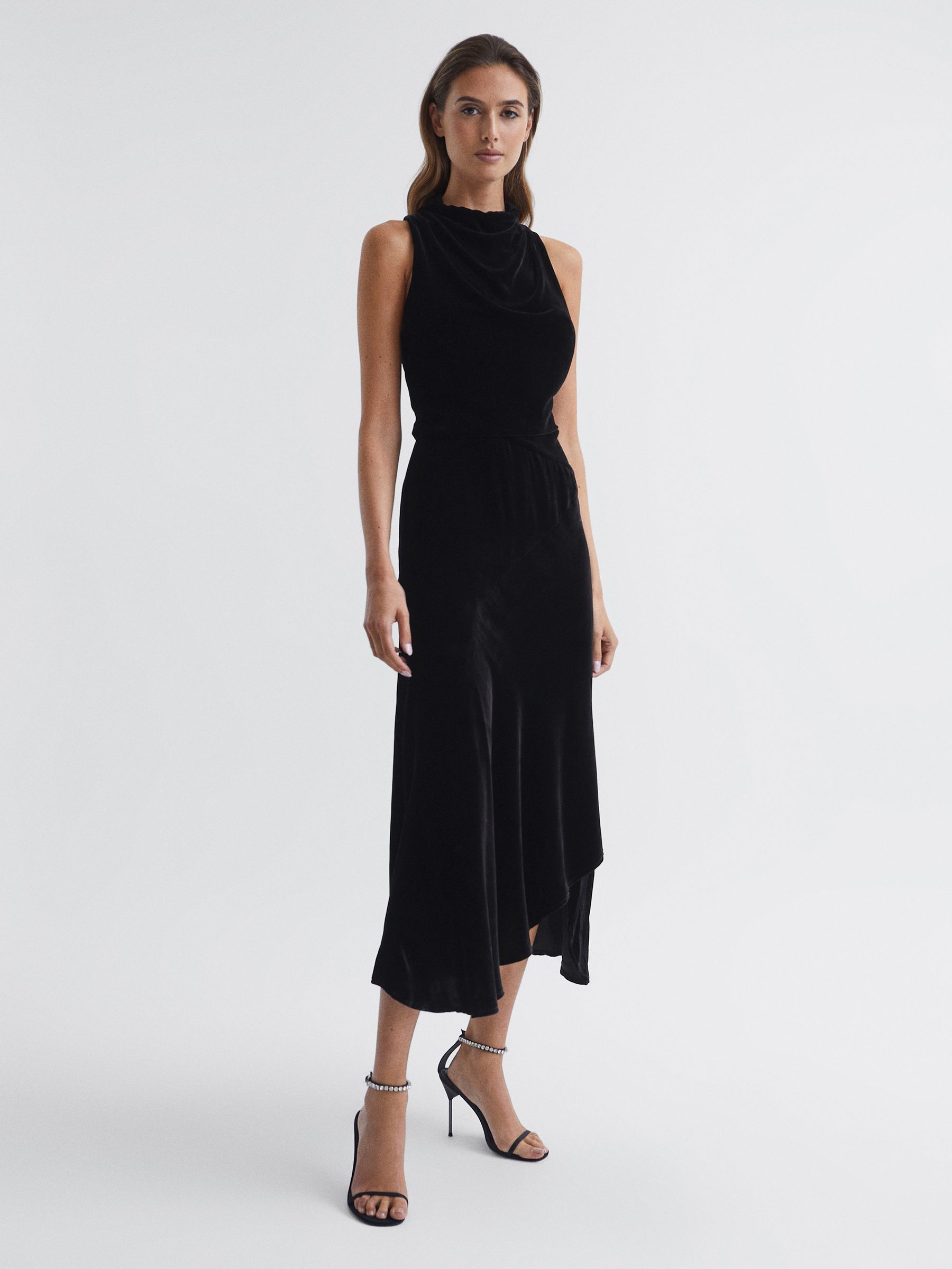 Velvet Midi Dress in Black - REISS
