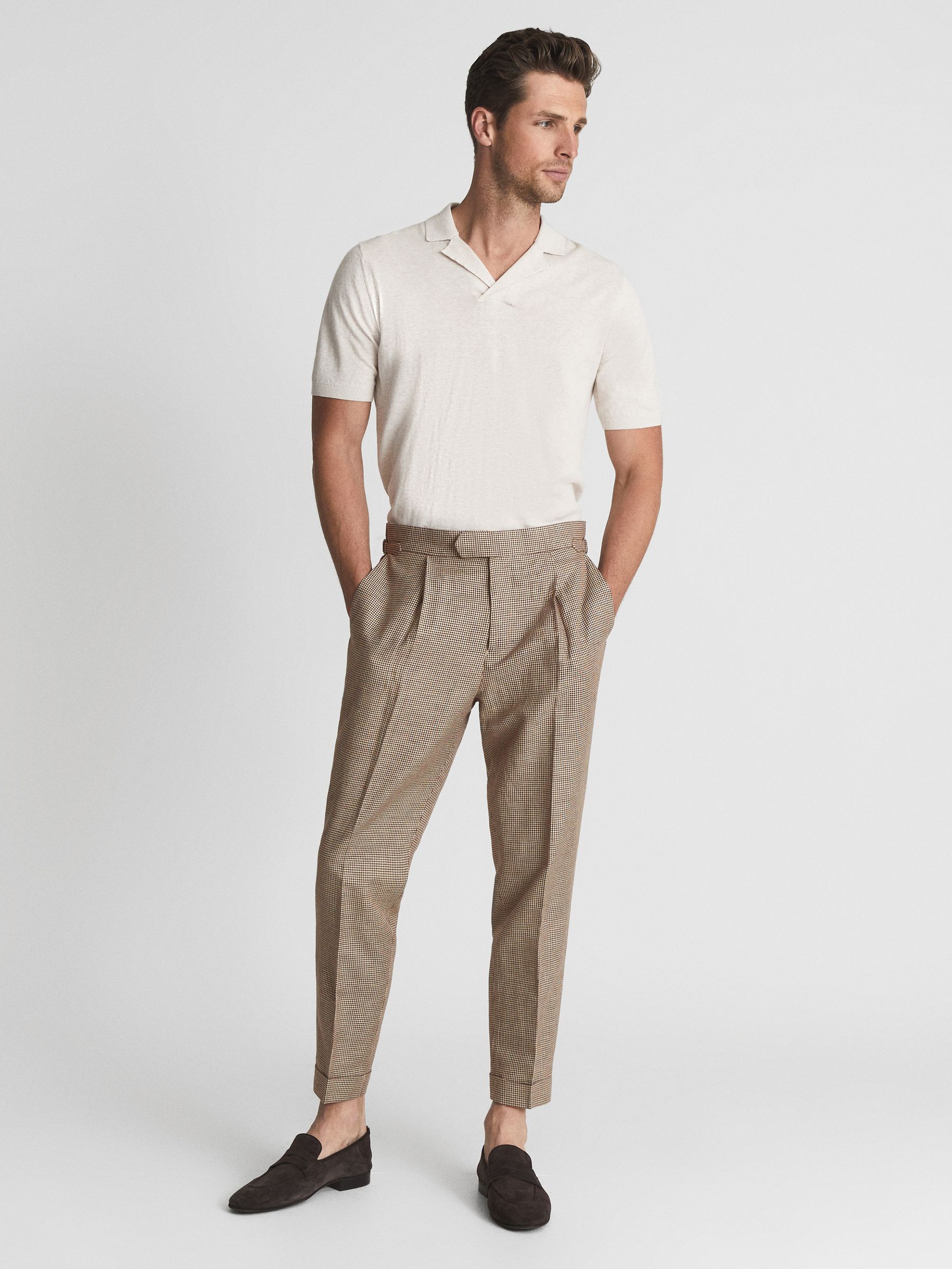 Formal Puppytooth Check Trousers in Brown REISS