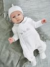 JoJo Maman Bébé White Welcome Little One Cotton Baby Sleepsuit