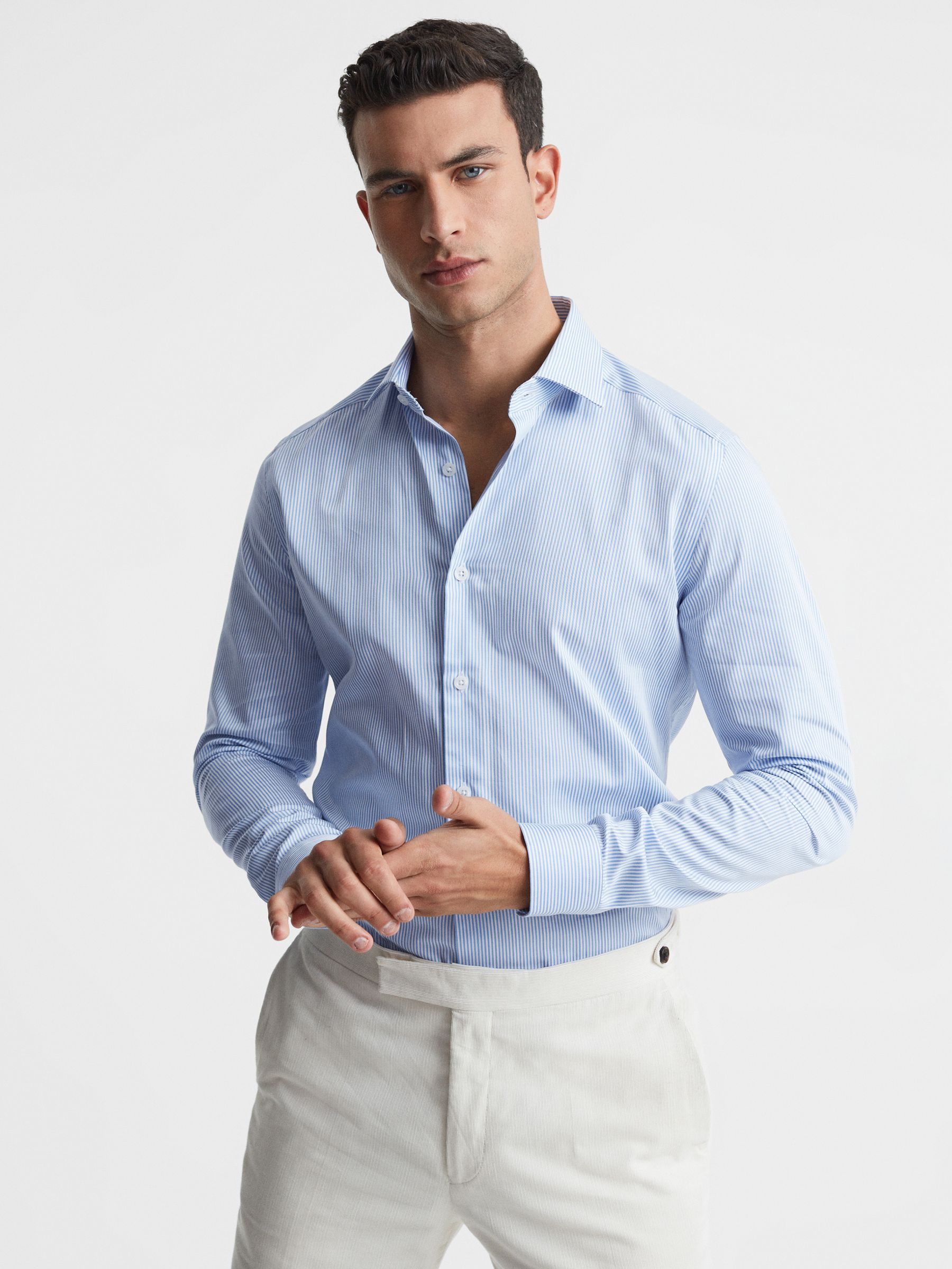 Slim Fit Cotton Sateen Shirt in Blue Stripe - REISS