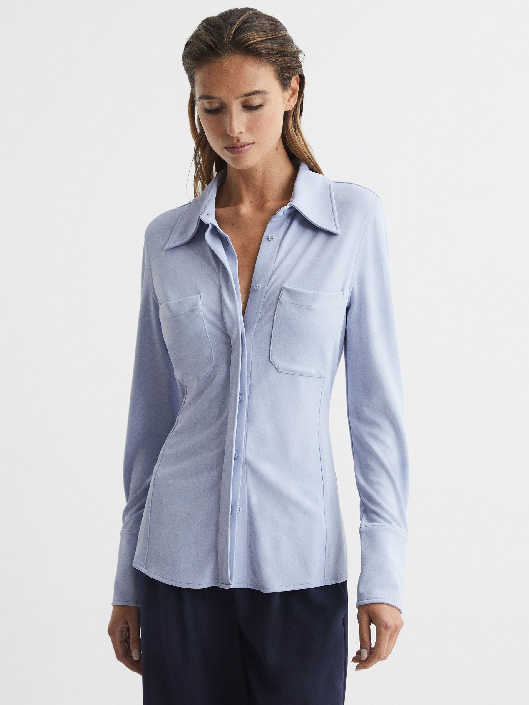 Long Sleeve Jersey Shirt in Blue REISS