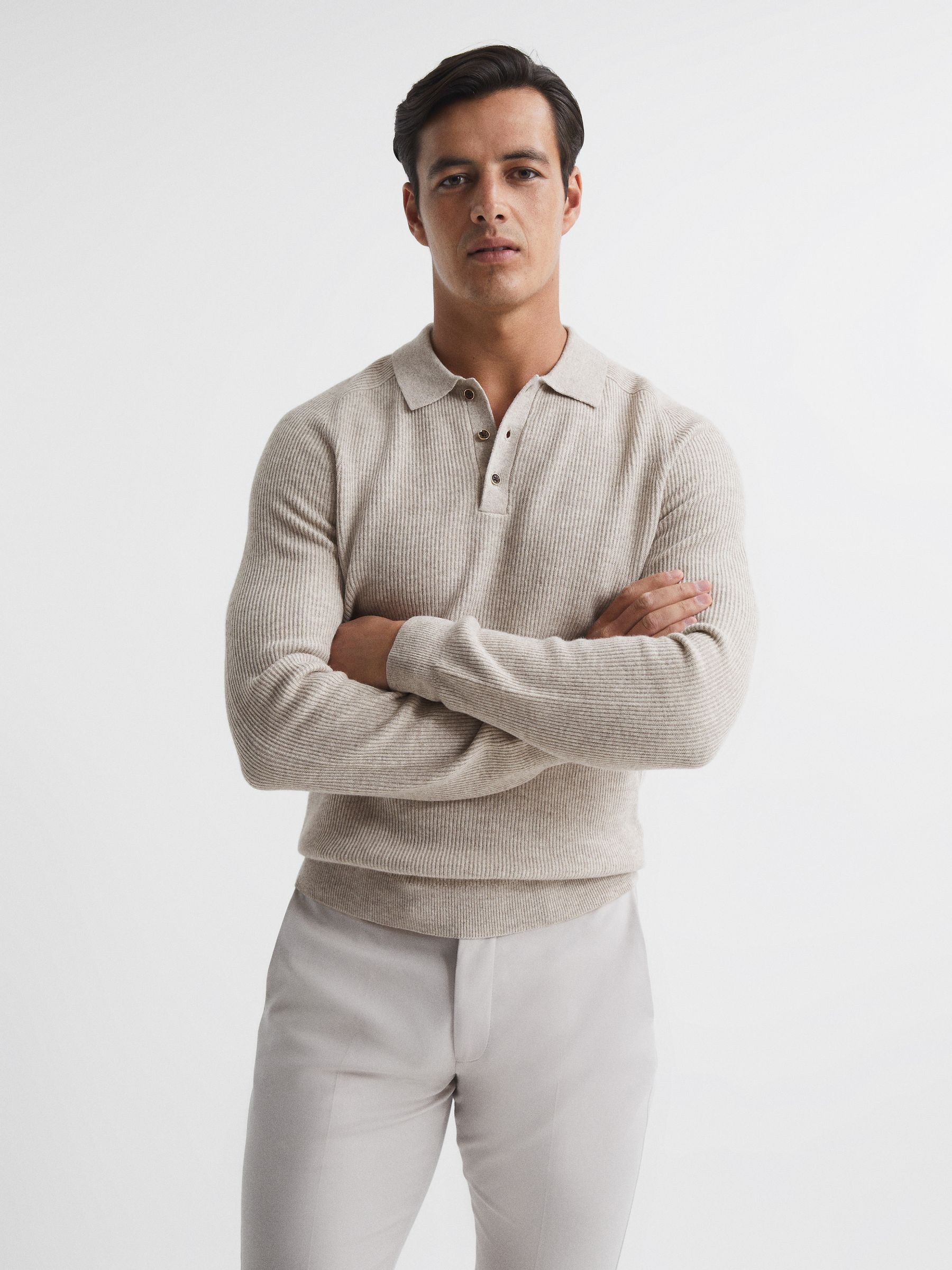 Buttoned Ribbed Polo Top in Oatmeal - REISS