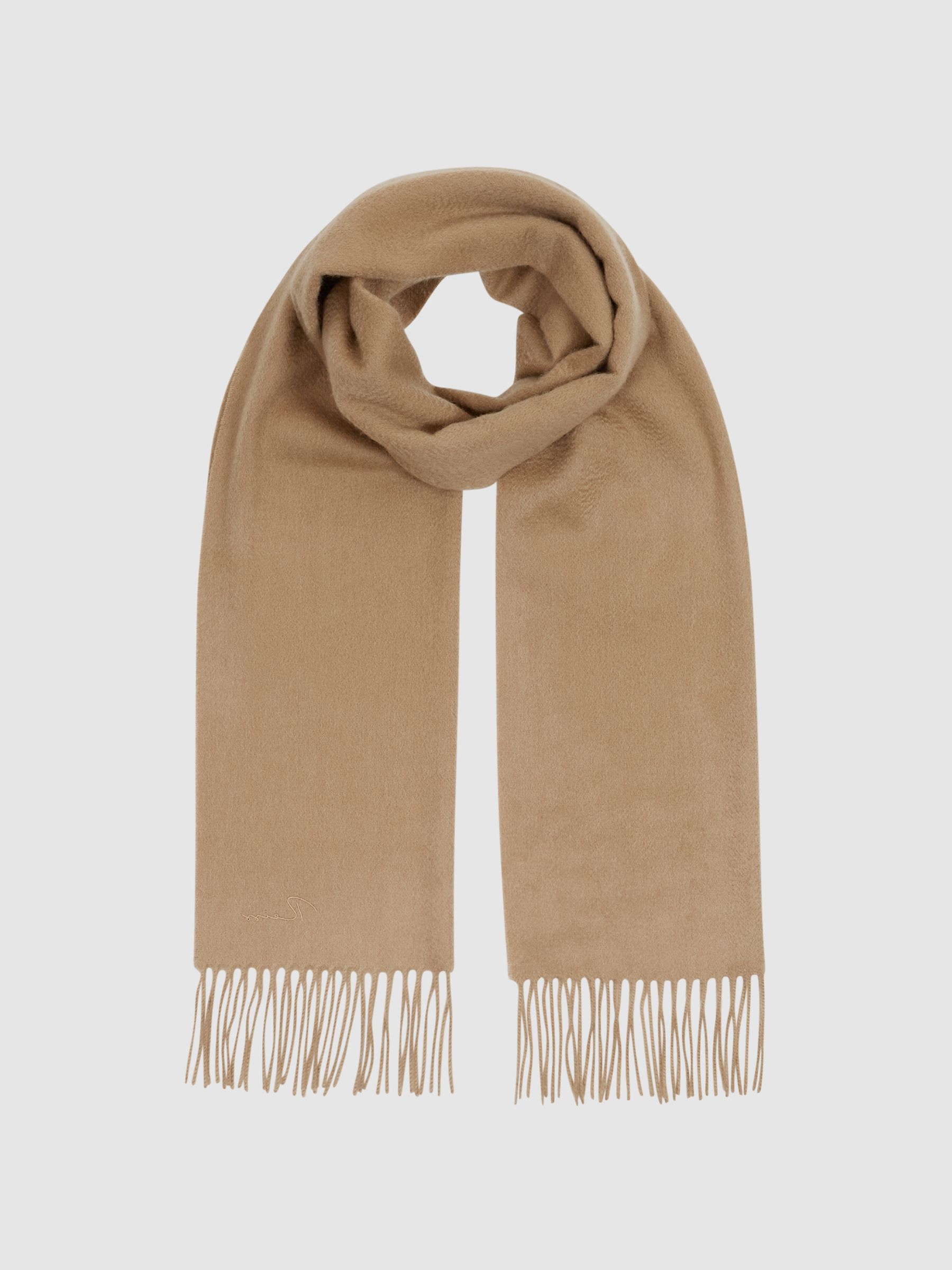 Fringed Cashmere Scarf in Camel - REISS