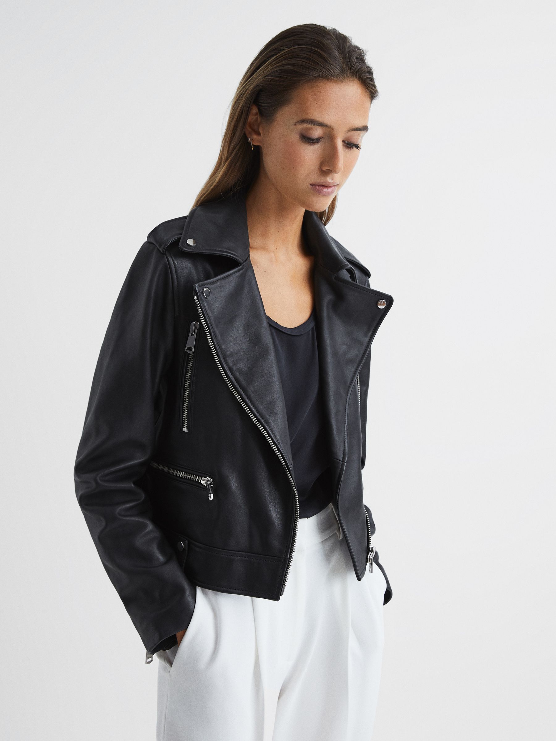 Leather Biker Jacket in Black - REISS