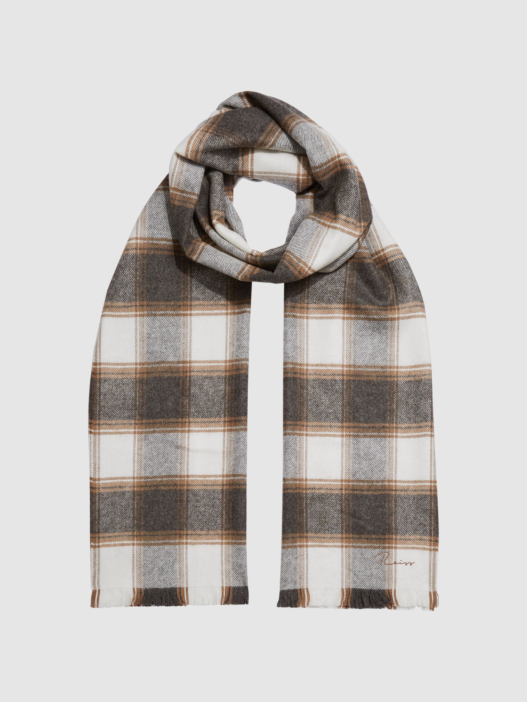 Wool Blend Checked Scarf in Brown REISS