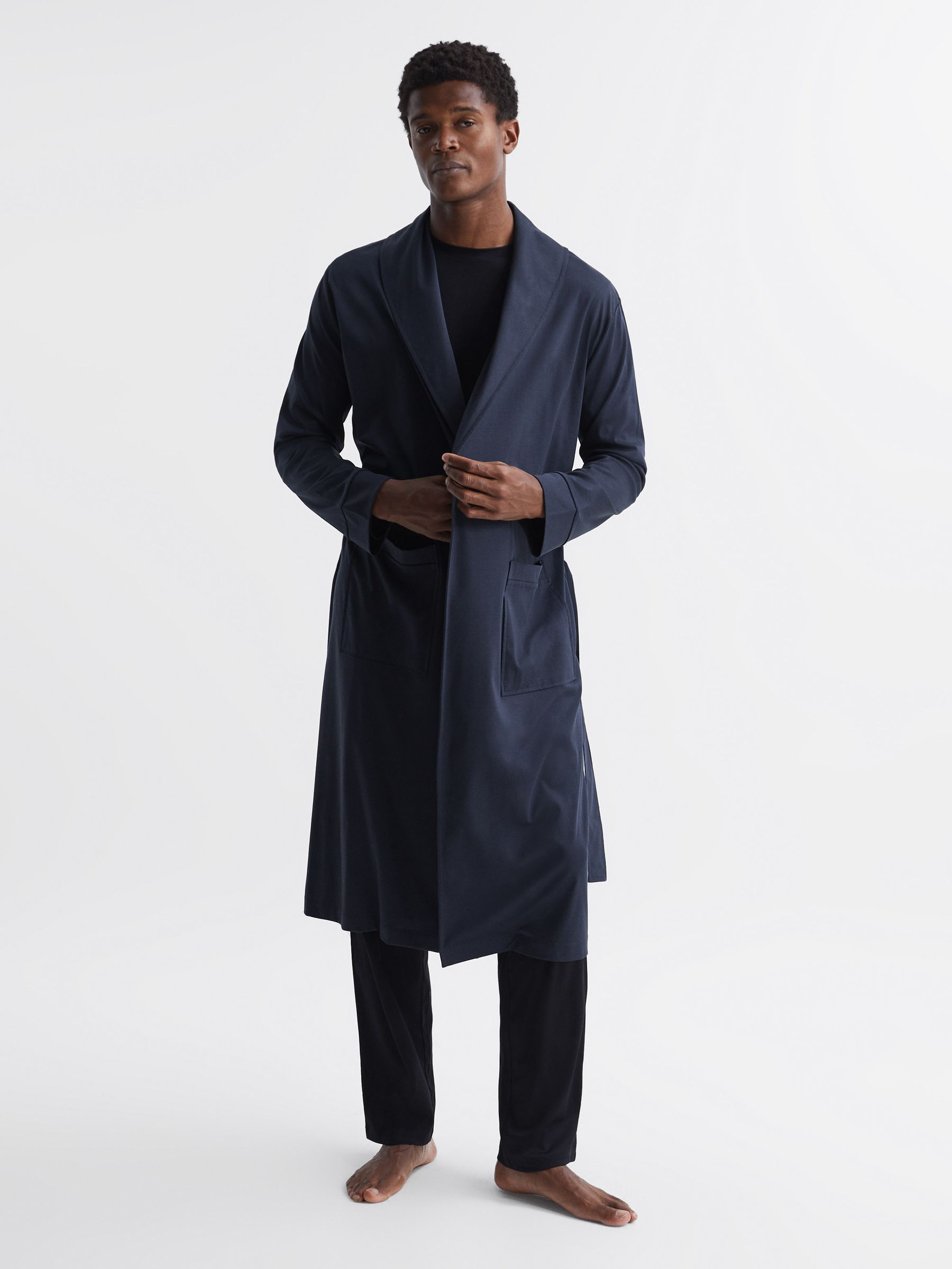 Long Sleeve Mercerised Dressing Gown in Navy REISS