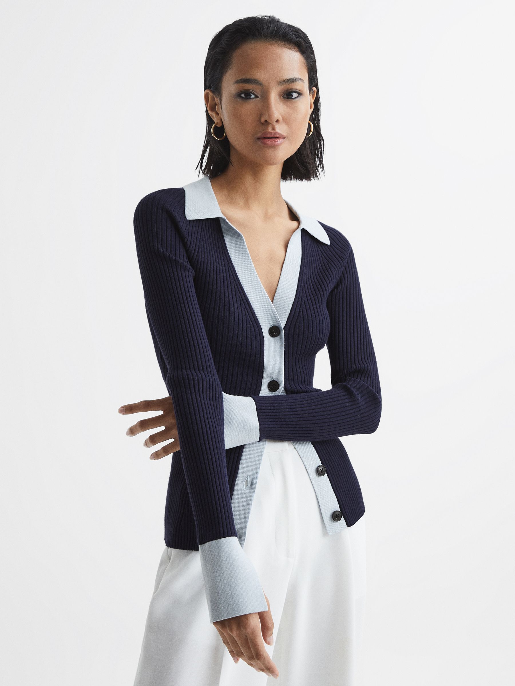 Rib-Knitted Cardigan in Blue/Navy - REISS