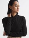 Reiss Black Ellie Long Sleeve Cross-Over Top