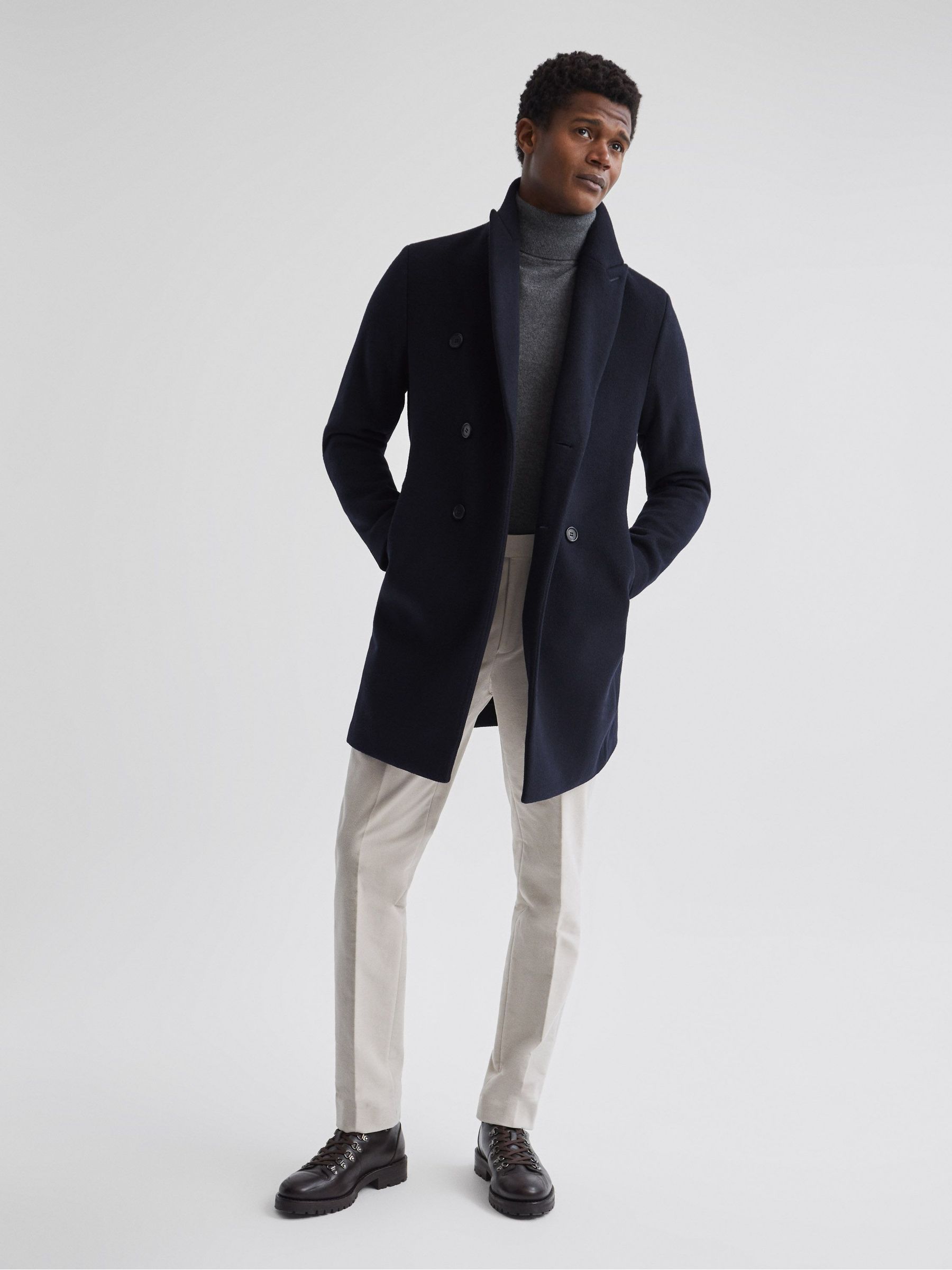 Double Breasted Wool Blend Overcoat in Navy REISS