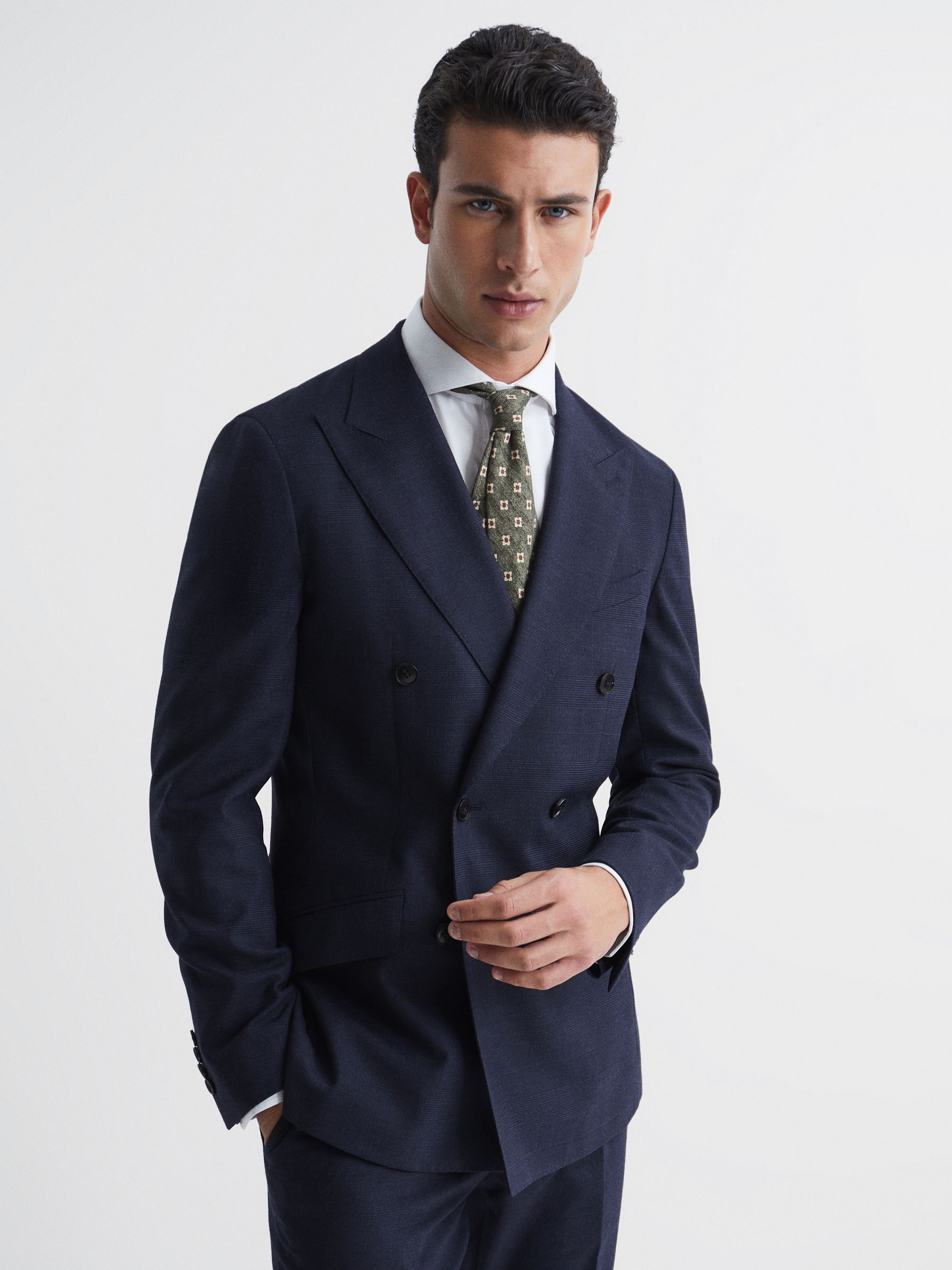 Double Breasted Prince of Wales Check Blazer in Blue - REISS