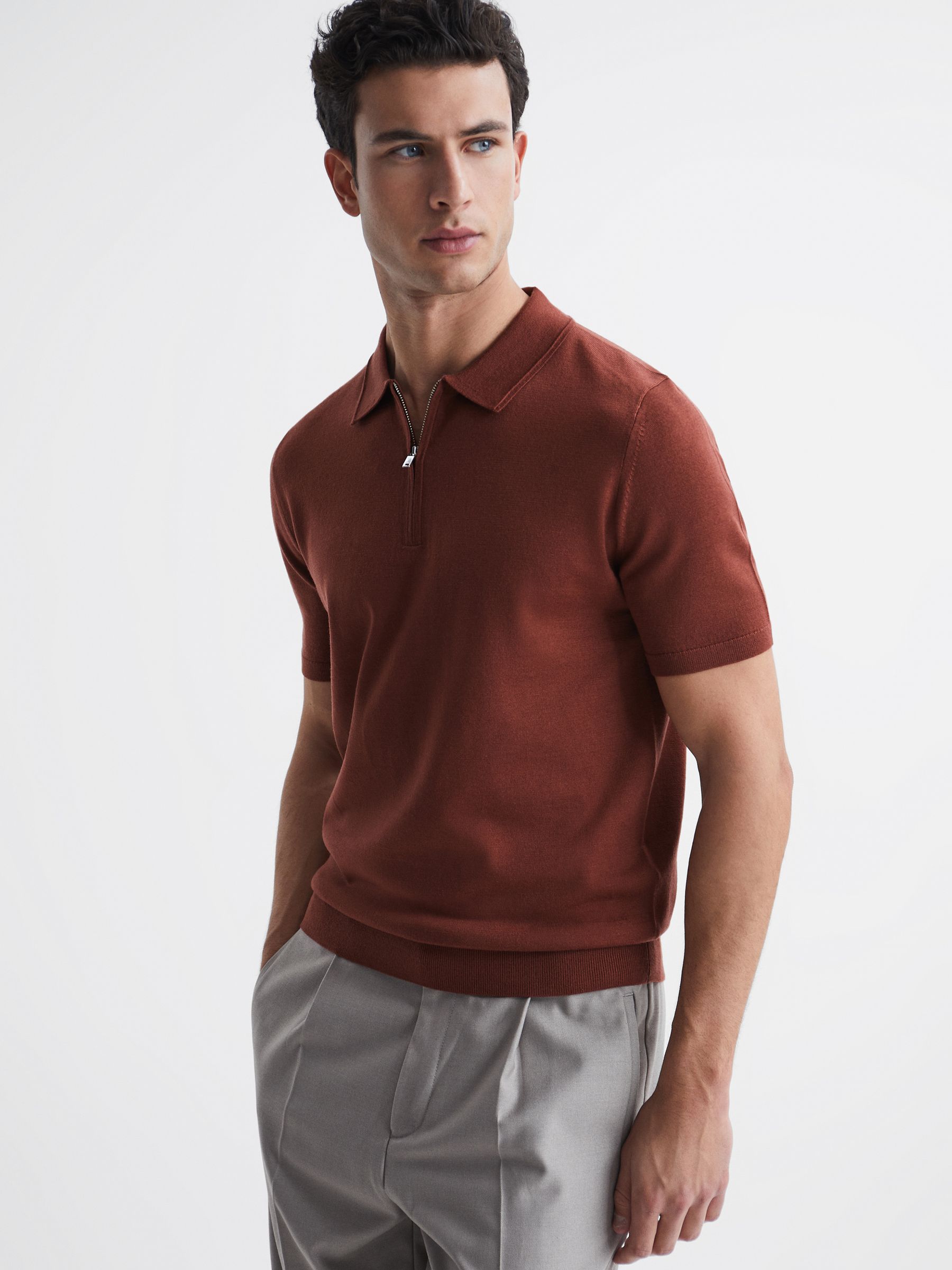 Merino Wool Half-Zip Polo Shirt in Russet - REISS