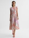 Reiss Coral/White Luna Floral Print Cap Sleeve Dress