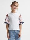 Reiss White Anastasia Junior Flared Printed Sleeve T-Shirt