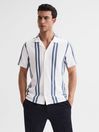 Reiss White/Air Force Blue Castle Slim Fit Ribbed Cuban Collar Shirt