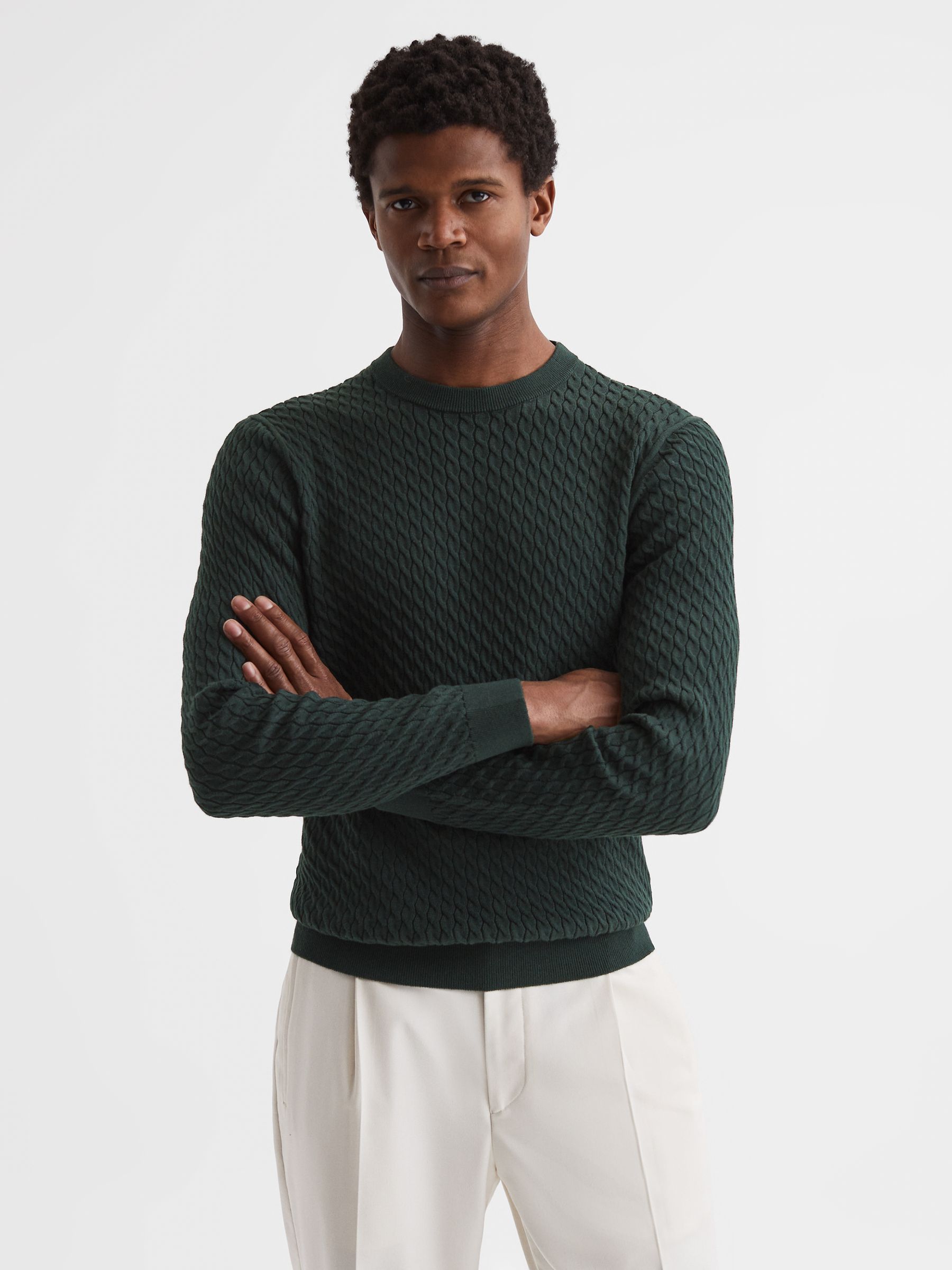 Crew Neck Cable Knit Jumper in Dark Forest Green - REISS