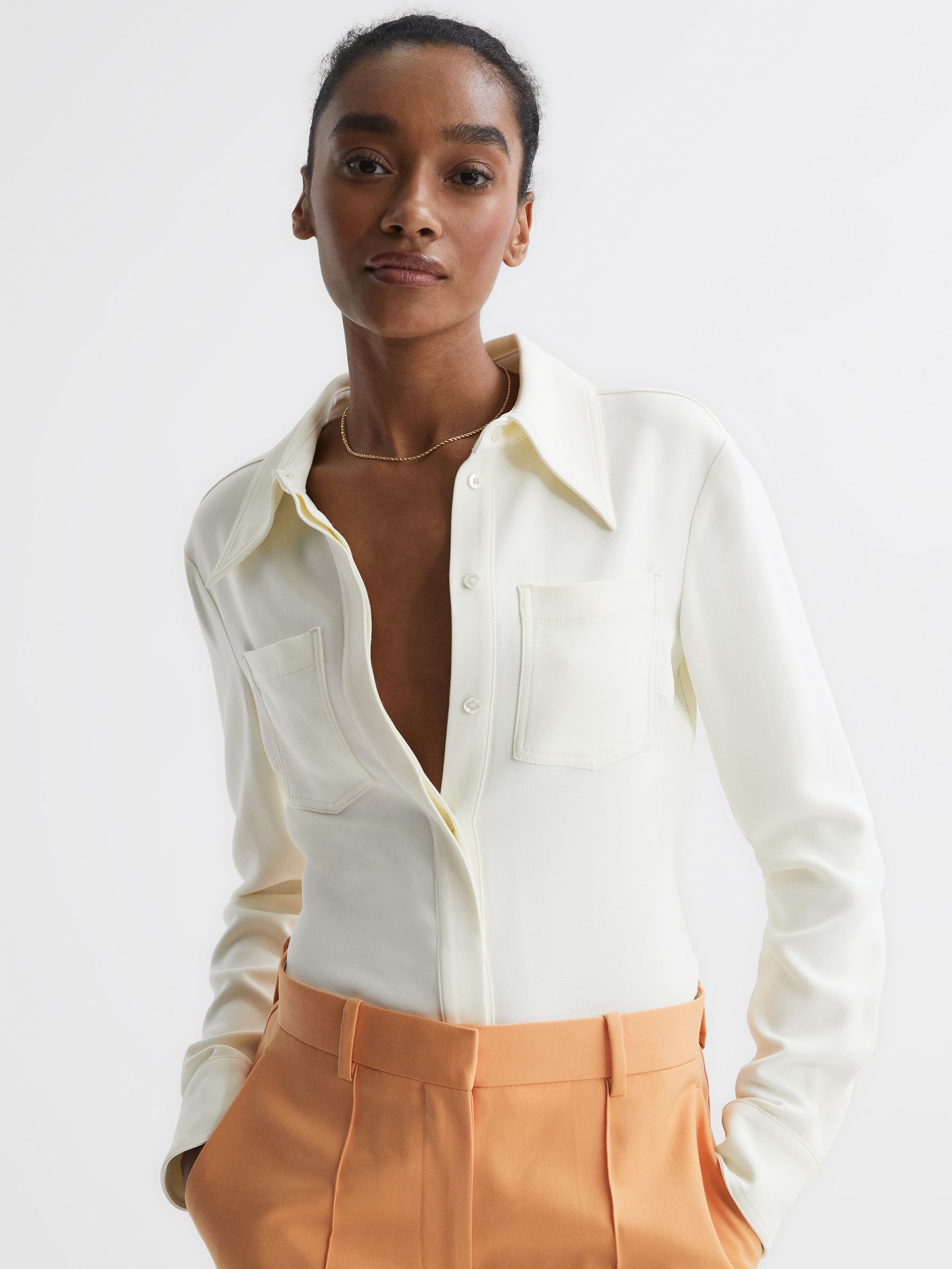 Premium Stitch Detail Fitted Shirt in Ivory - REISS