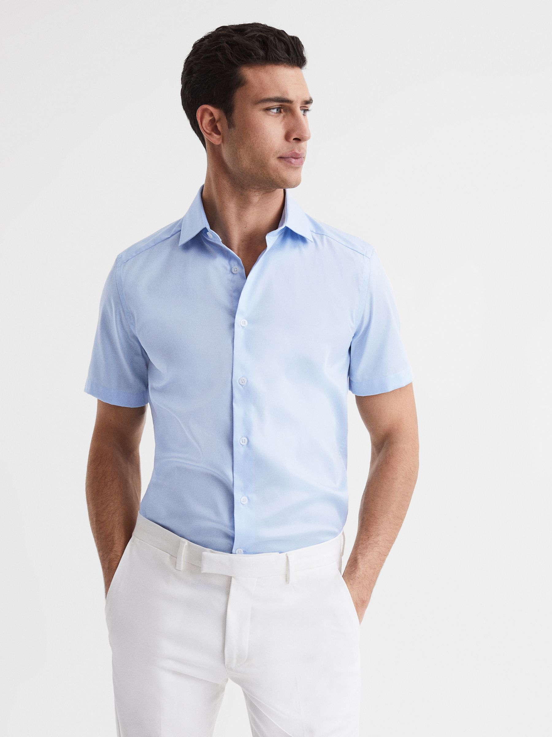 Slim Fit Cotton Satin Blend Shirt in Soft Blue REISS