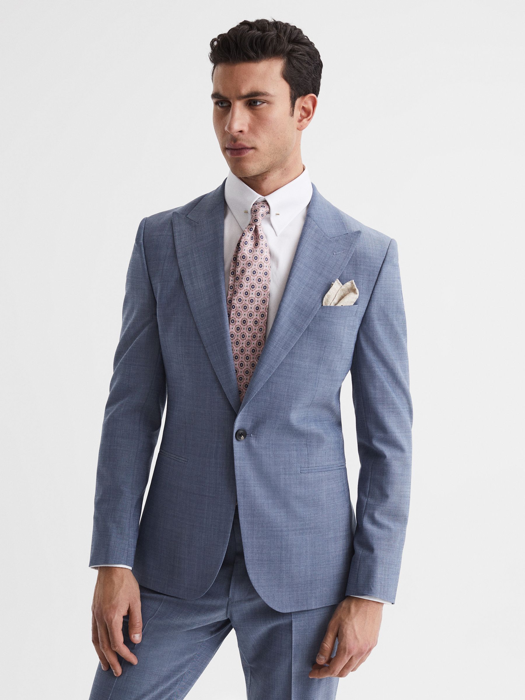 Slim Fit Single Breasted Wool Blend Blazer in Soft Blue - REISS